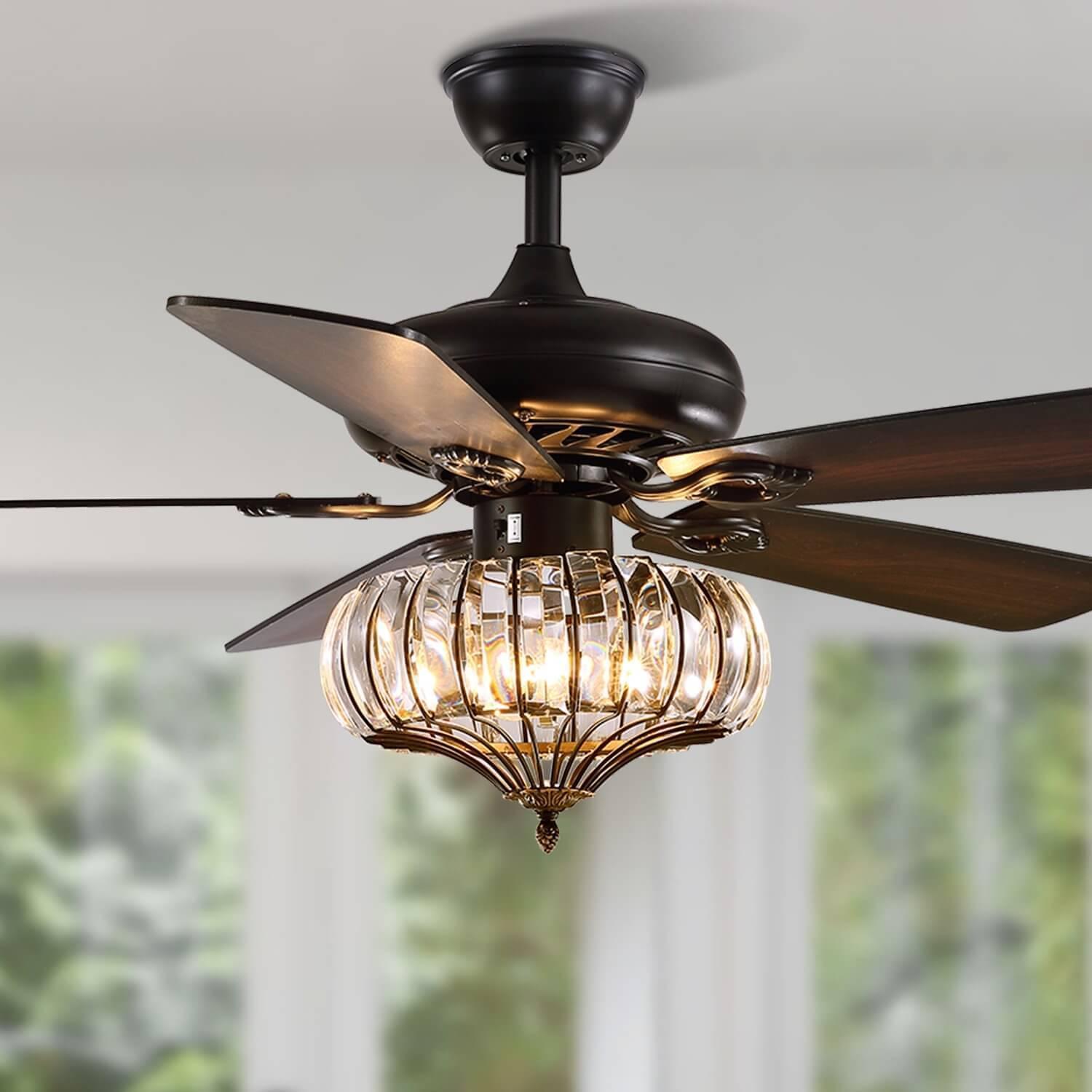 5 - Blade Black Frame Crystal Ceiling Fan with Remote Control for Living Room