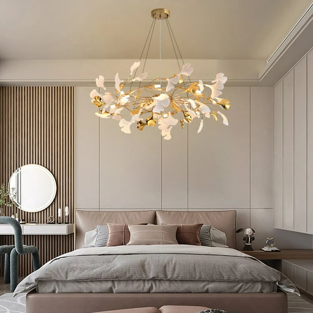 8-Light Art Deco Ginkgo Leaves Chandelier White & Gold Metal Ceiling Light Scene Graph- Sofary Light