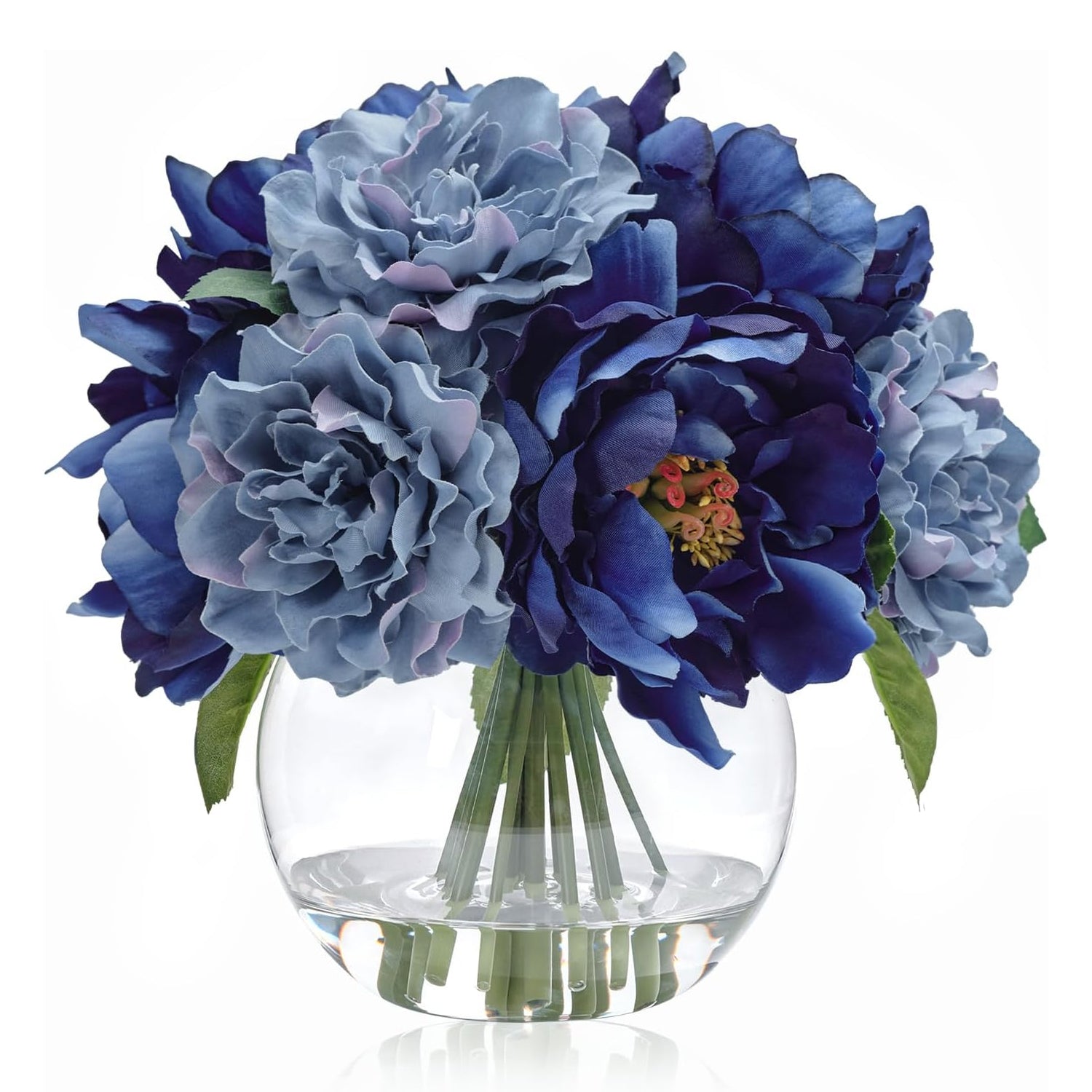 Artificial Blue Peonies in Glass Vase with Faux Water – Elegant Table Centerpiece