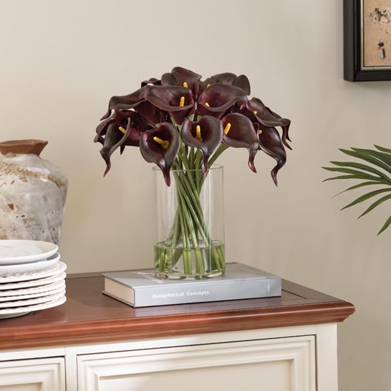 Artificial Masala Red Calla Lilies in Glass Vase with Faux Water – Elegant Table Centerpiece