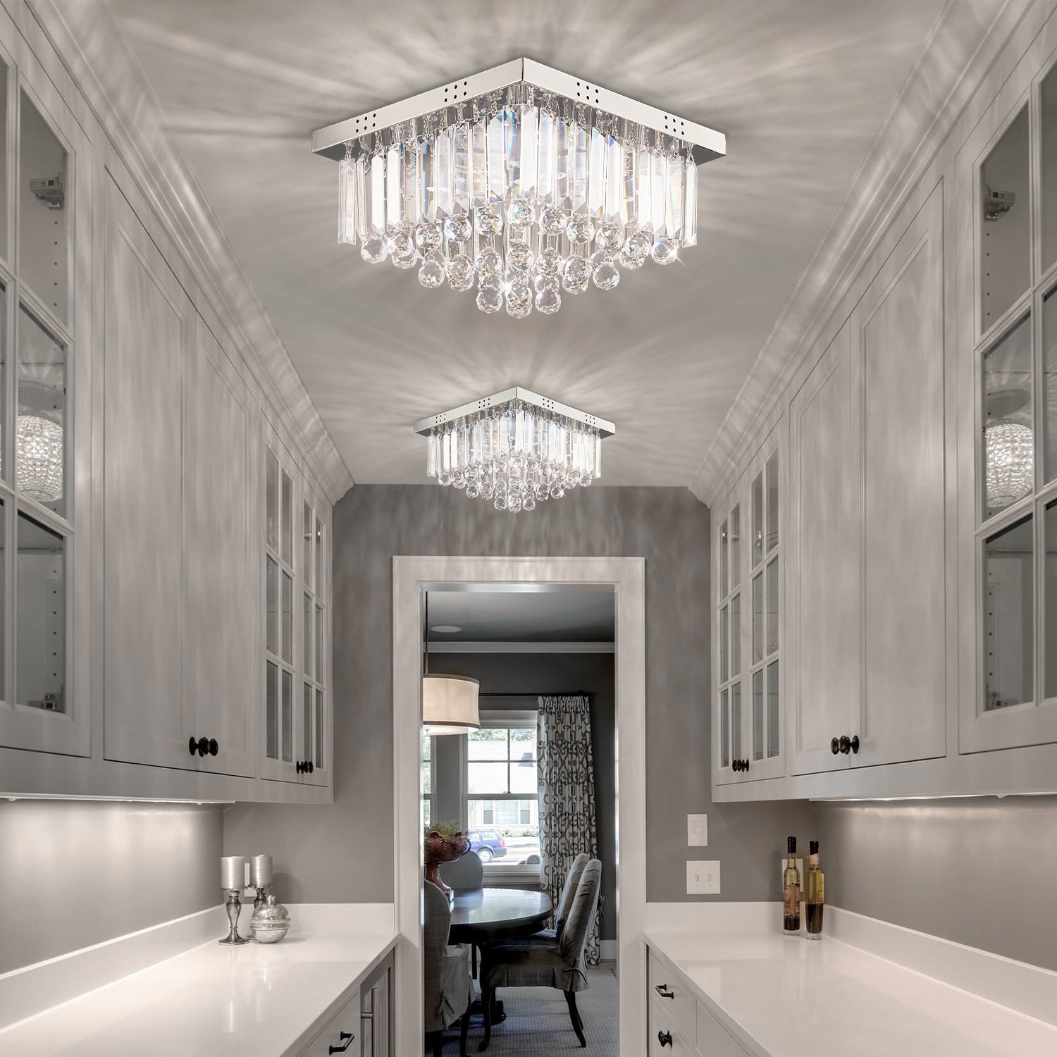 Square Rain Drop Crystal Ceiling Light - Contemporary Lighting Fixture