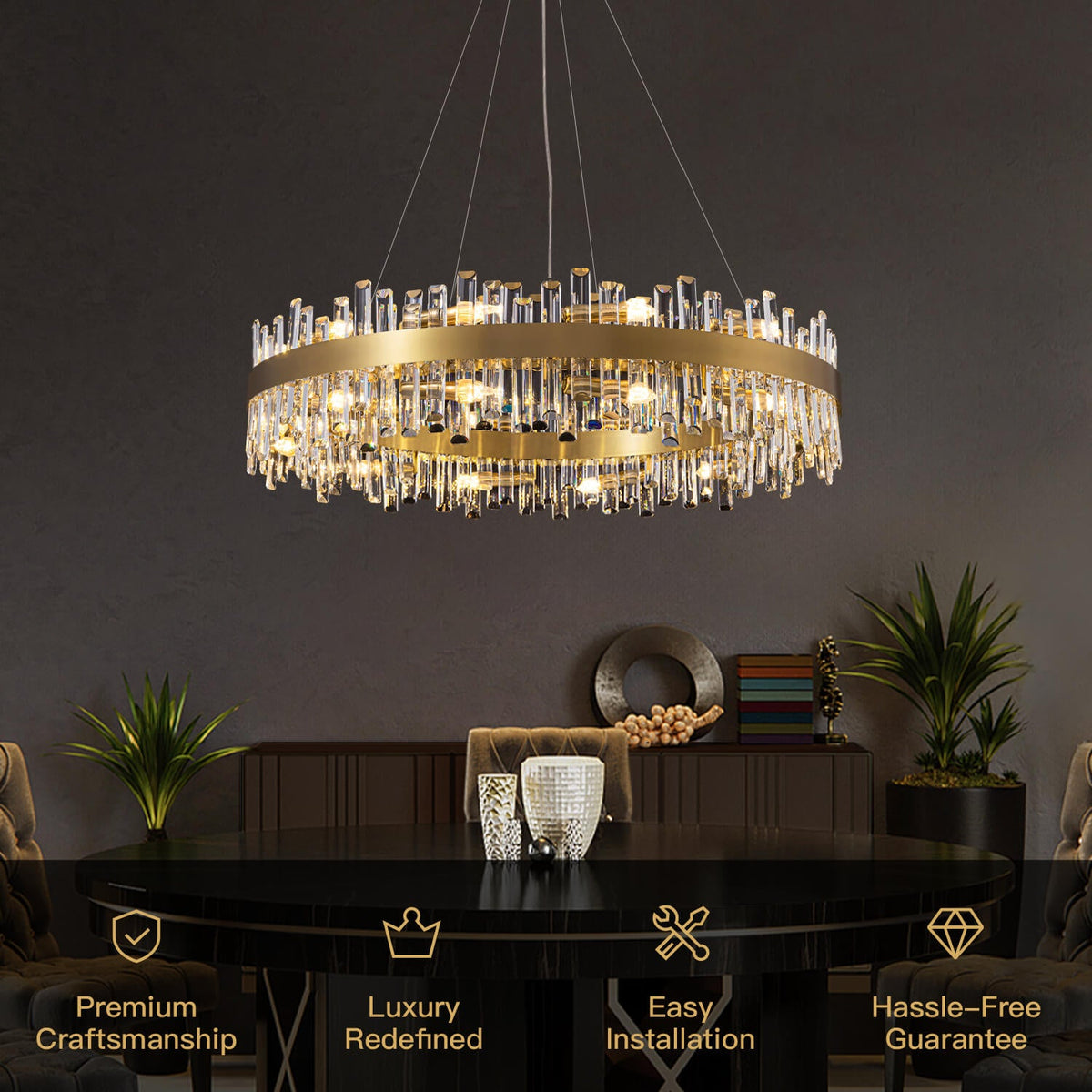 Aurum Modern Luxury Gold Brass Crystal Round Chandelier for Dining Room ...