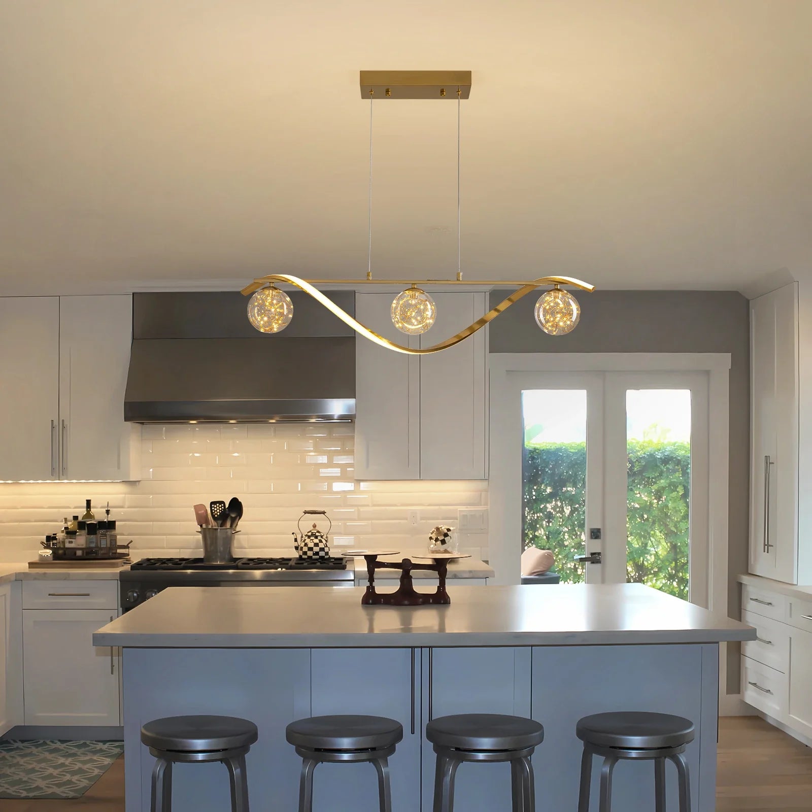 Linear LED Pendant Chandelier in Gold with Glass Globe Shade-Sofary Lighting