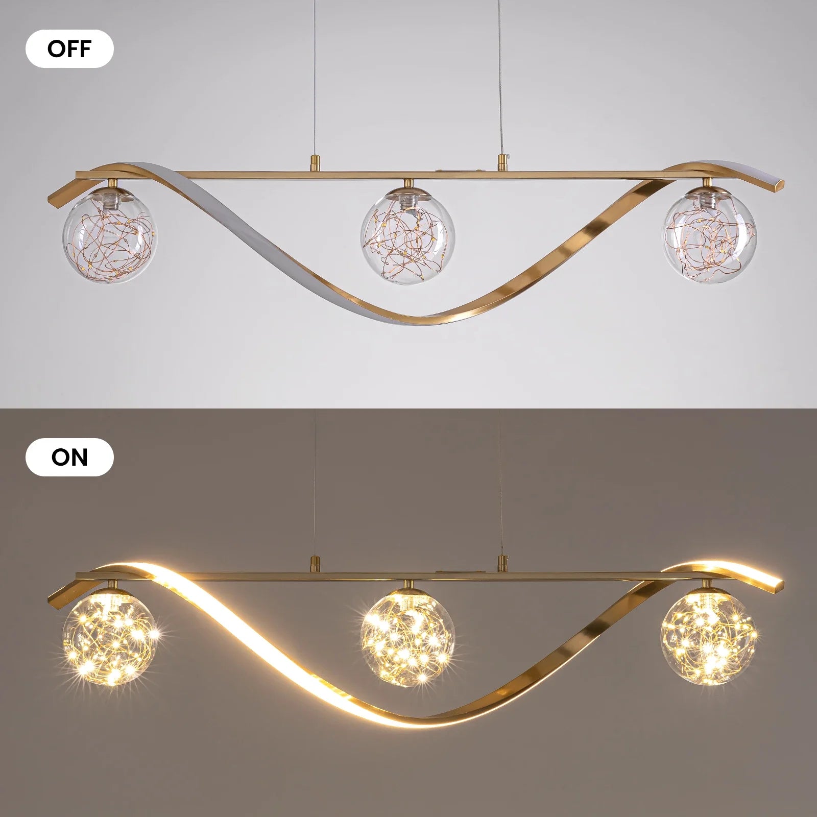 Linear LED Pendant Chandelier in Gold with Glass Globe Shade-Sofary Lighting