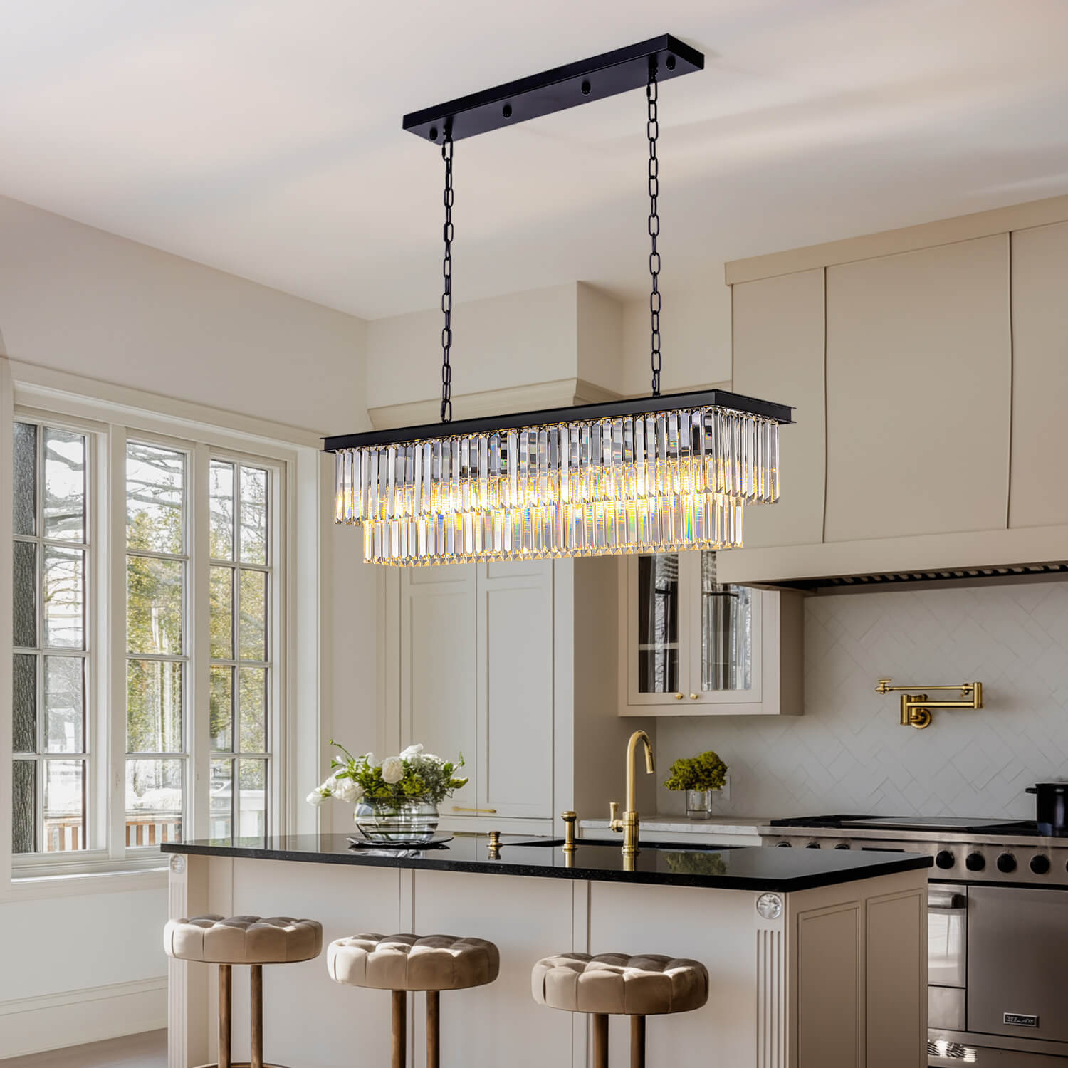 Modern Glam Black Metal Crystal Rectangular Chandelier for Dining Room and Kitchen Island | Siljoy Lighting-ch028-20250623-8