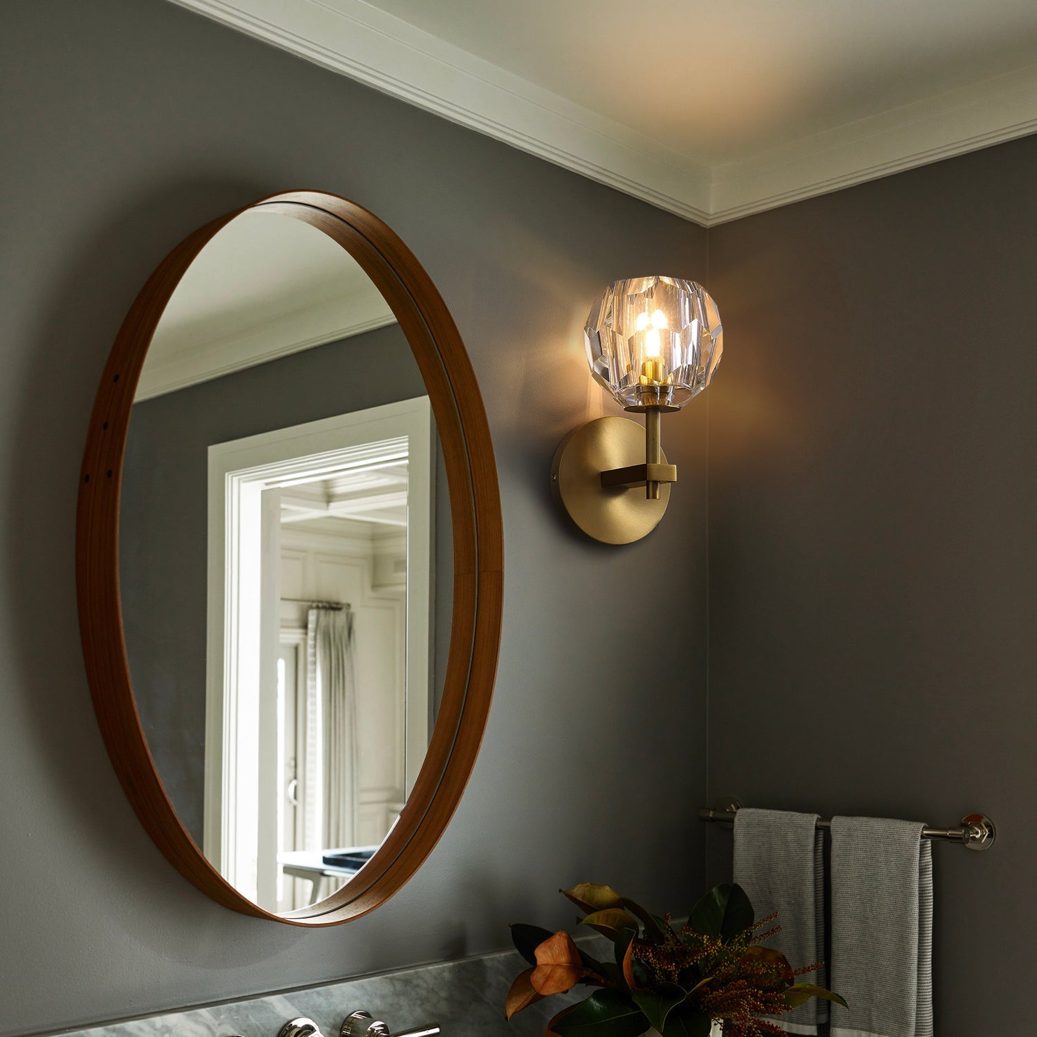 Brass Wall Sconce With Crystal Globe - Bathroom | Siljoy