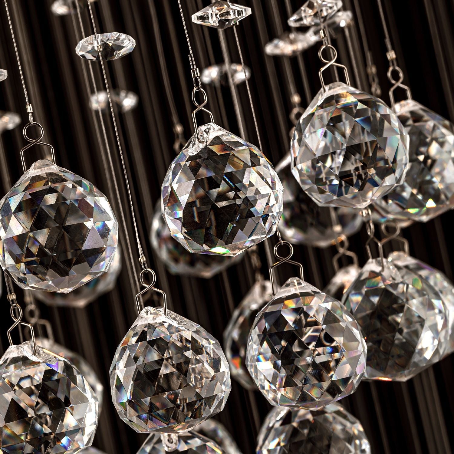 Detailed view of three sphere raindrop crystal chandelier design with intricate crystal accents | Sofary