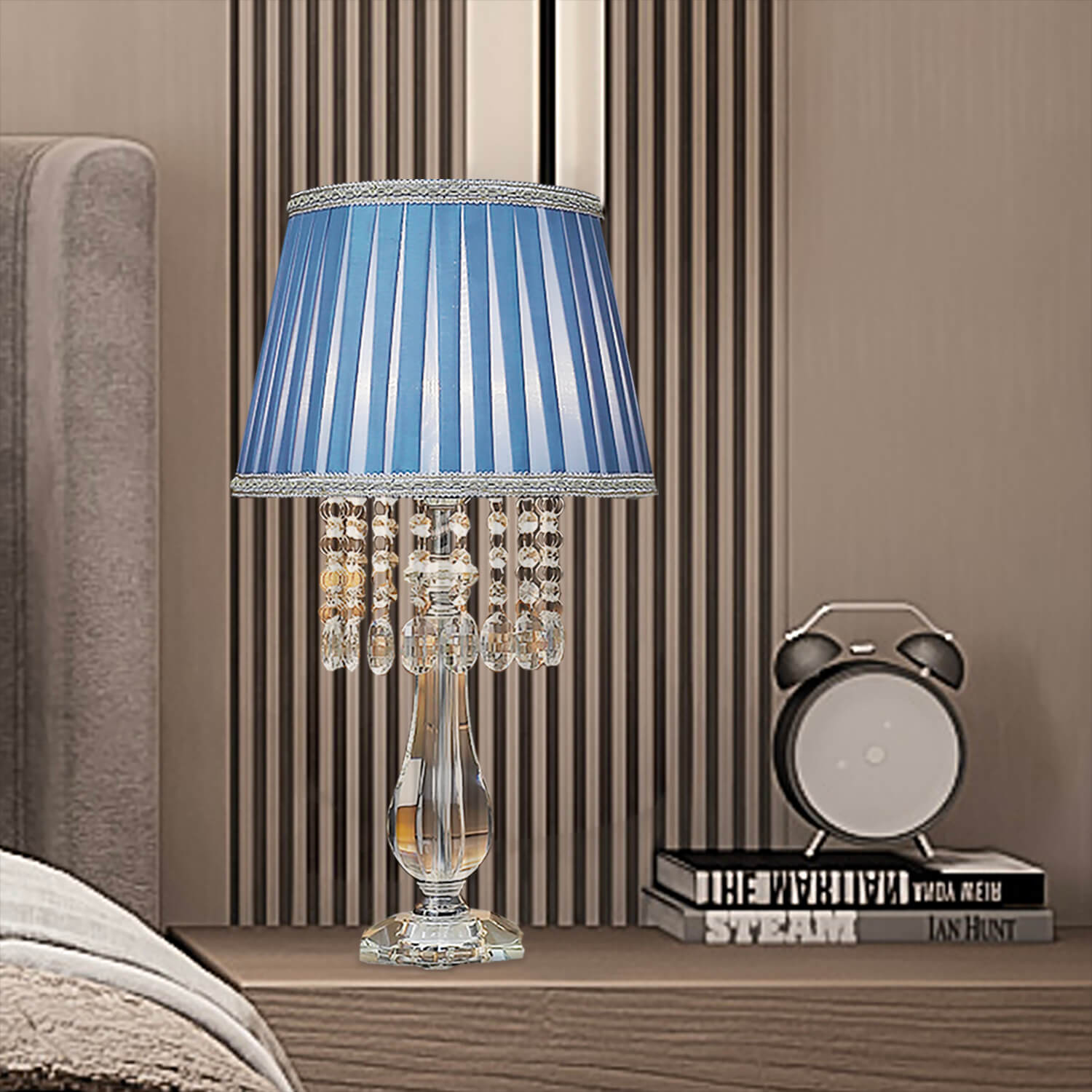 Fashion Crystal Table Lamp with Blue Lampshade-bedroom |Siljoy
