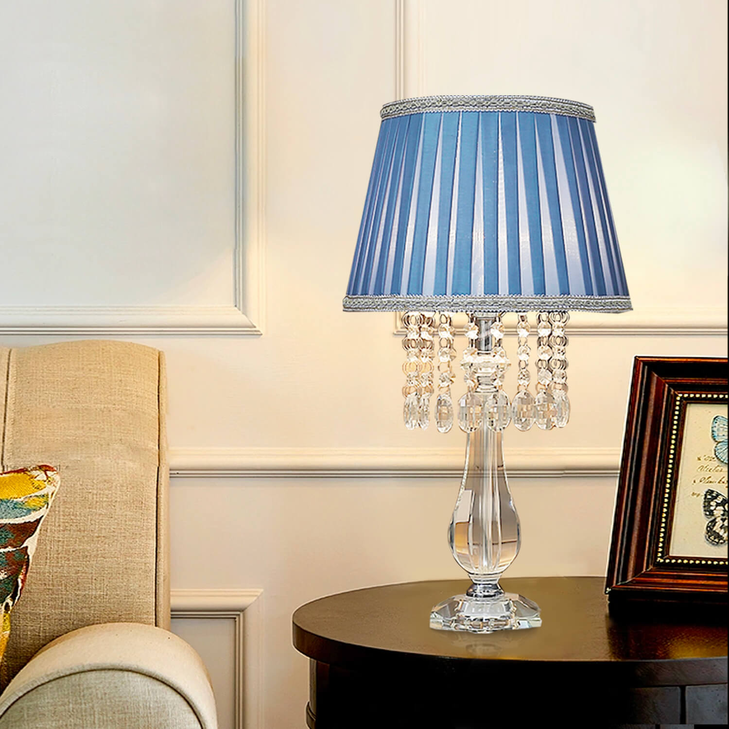 Fashion Crystal Table Lamp with Blue Lampshade-livingroom |Siljoy