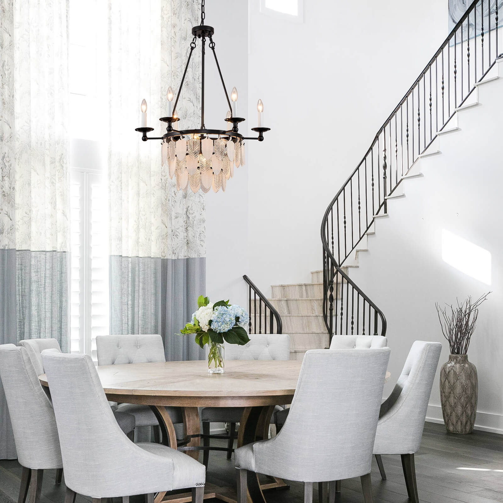 Modern-Matte-Black-Leaves-Candelabra-Round-Pendant-Light-Kintchen-Room