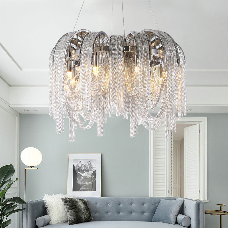 Modern-Chrome-Metal-Frame-Tassel-Round-Chandelier