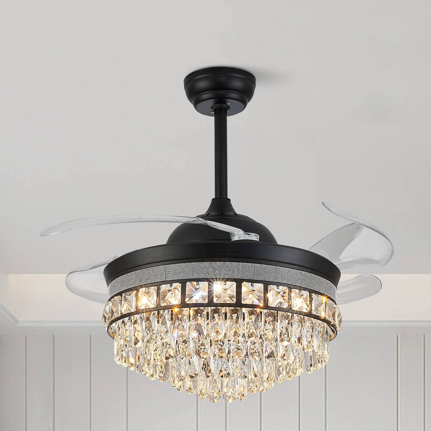 Top Rated Black Retractable Crystal Ceiling Fan Chandelier