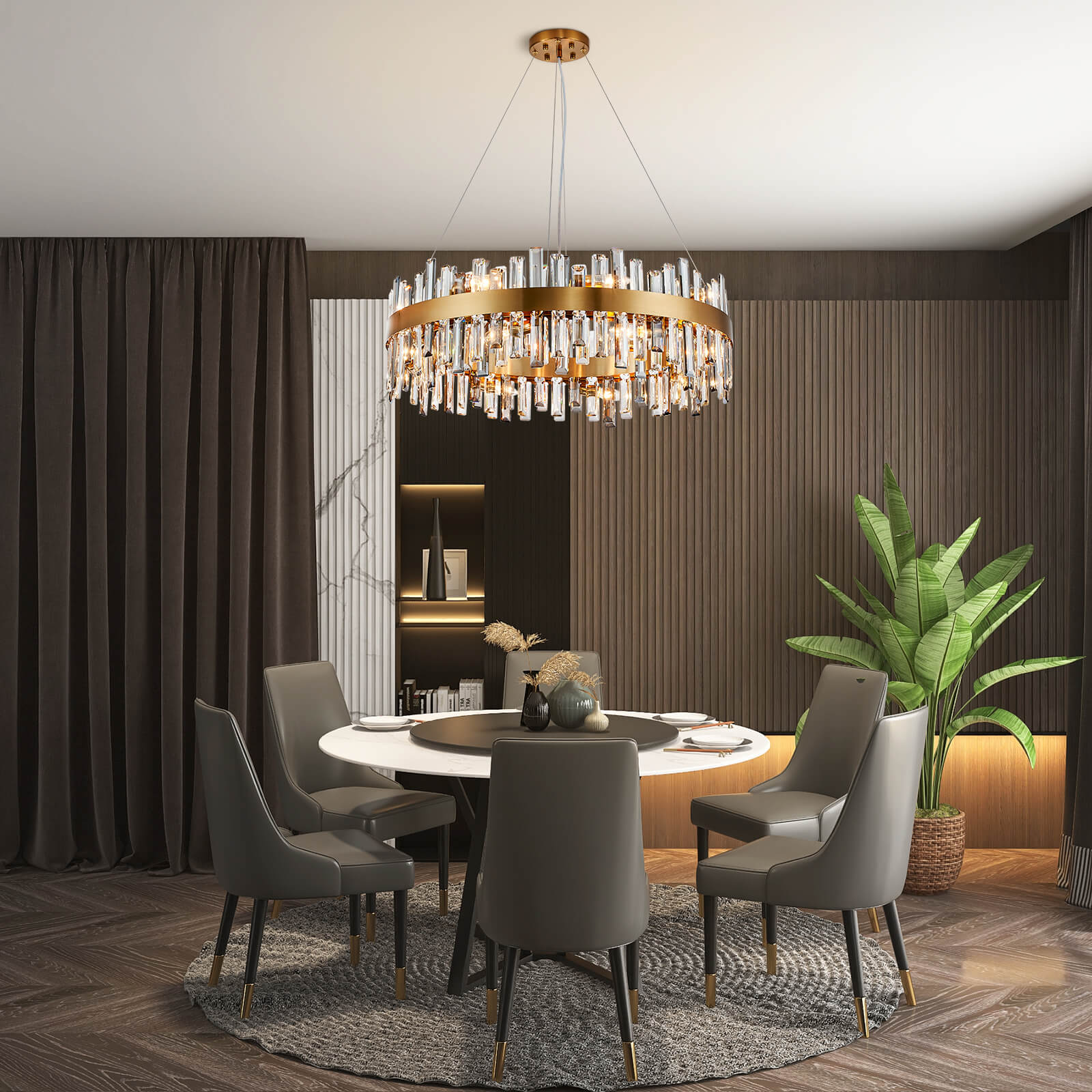 Round Gold Frame Irregular Crystal Bar Chandelier