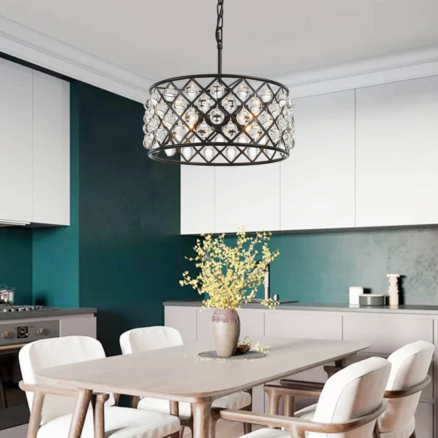 Round 15.7" Matte Black Metal Grid Raindrop Crystal Chandelier