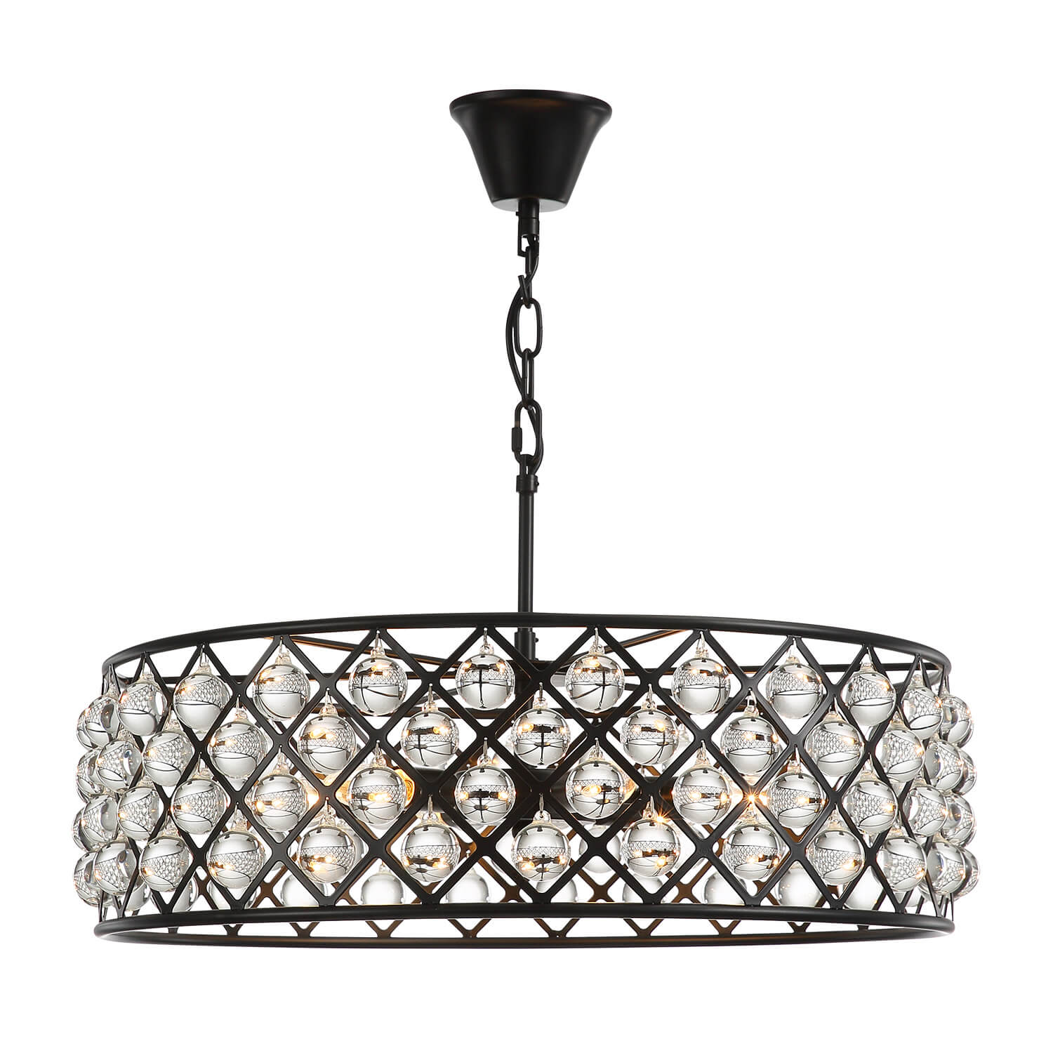 Round Matte Black Metal Grid Raindrop Crystal Chandelier