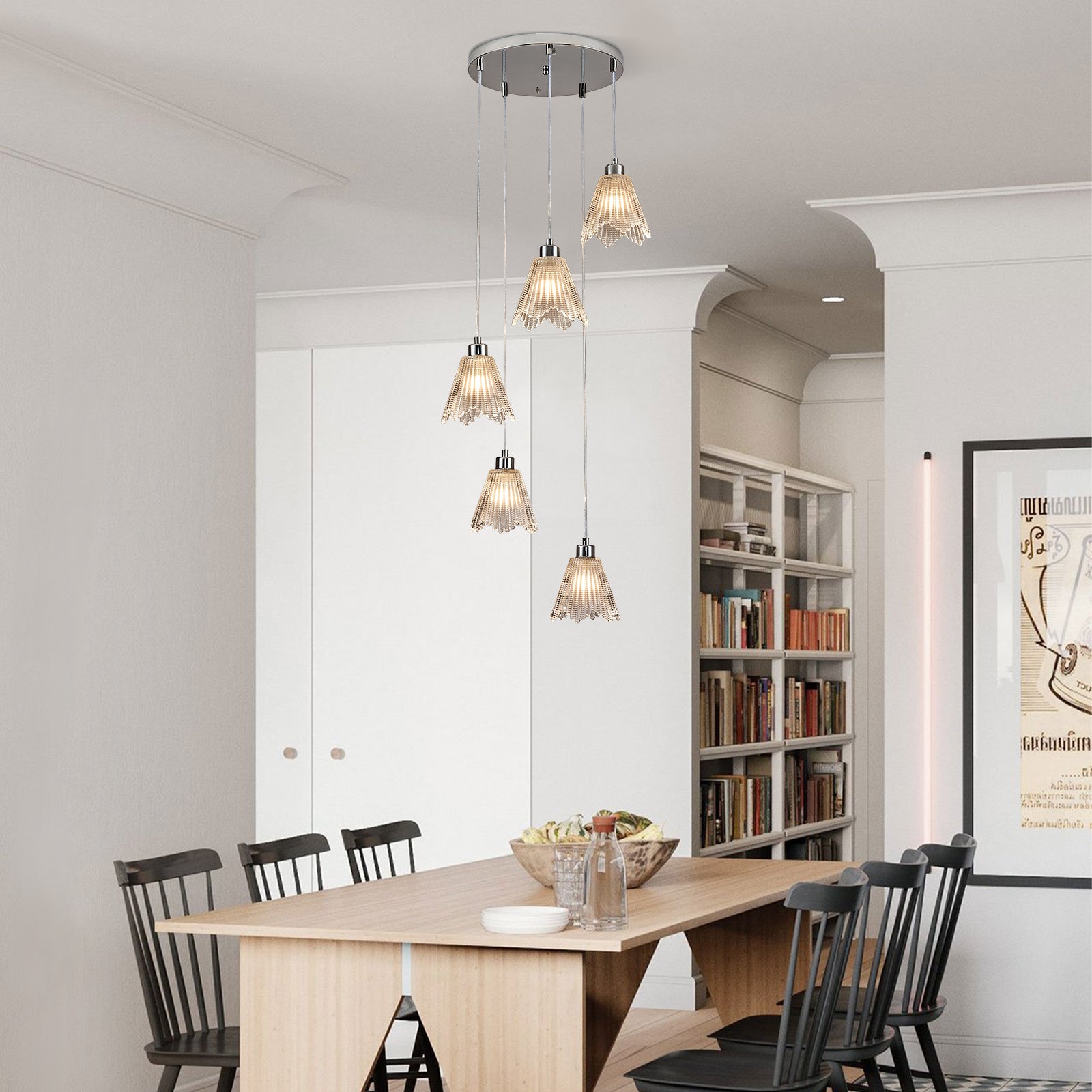 Spiral Chrome Bamboo Hat Glass Chandelier