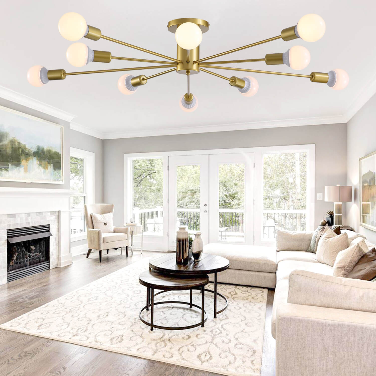 Mid-Century Gold Frame Globe Chandelier 10 Lights