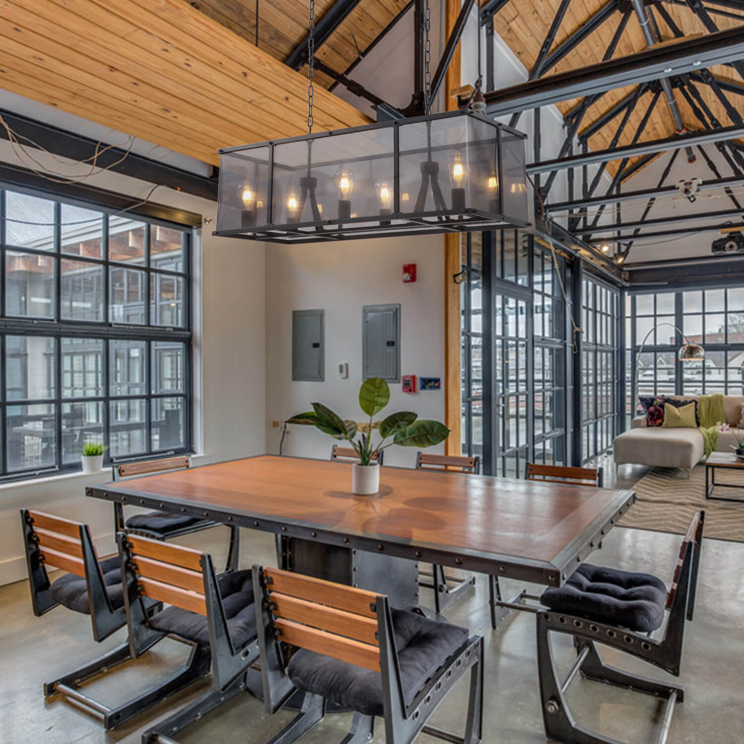 Moooni®Rustic Black Metal Rectangular Grid Square Caged Chandelier