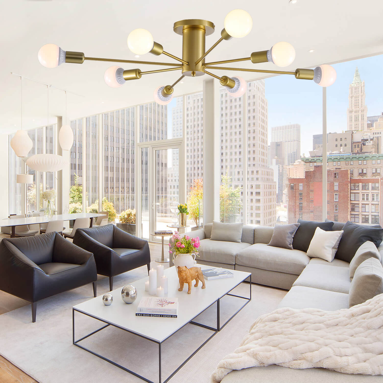 Mid-Century Gold Frame Globe Chandelier 8 Lights