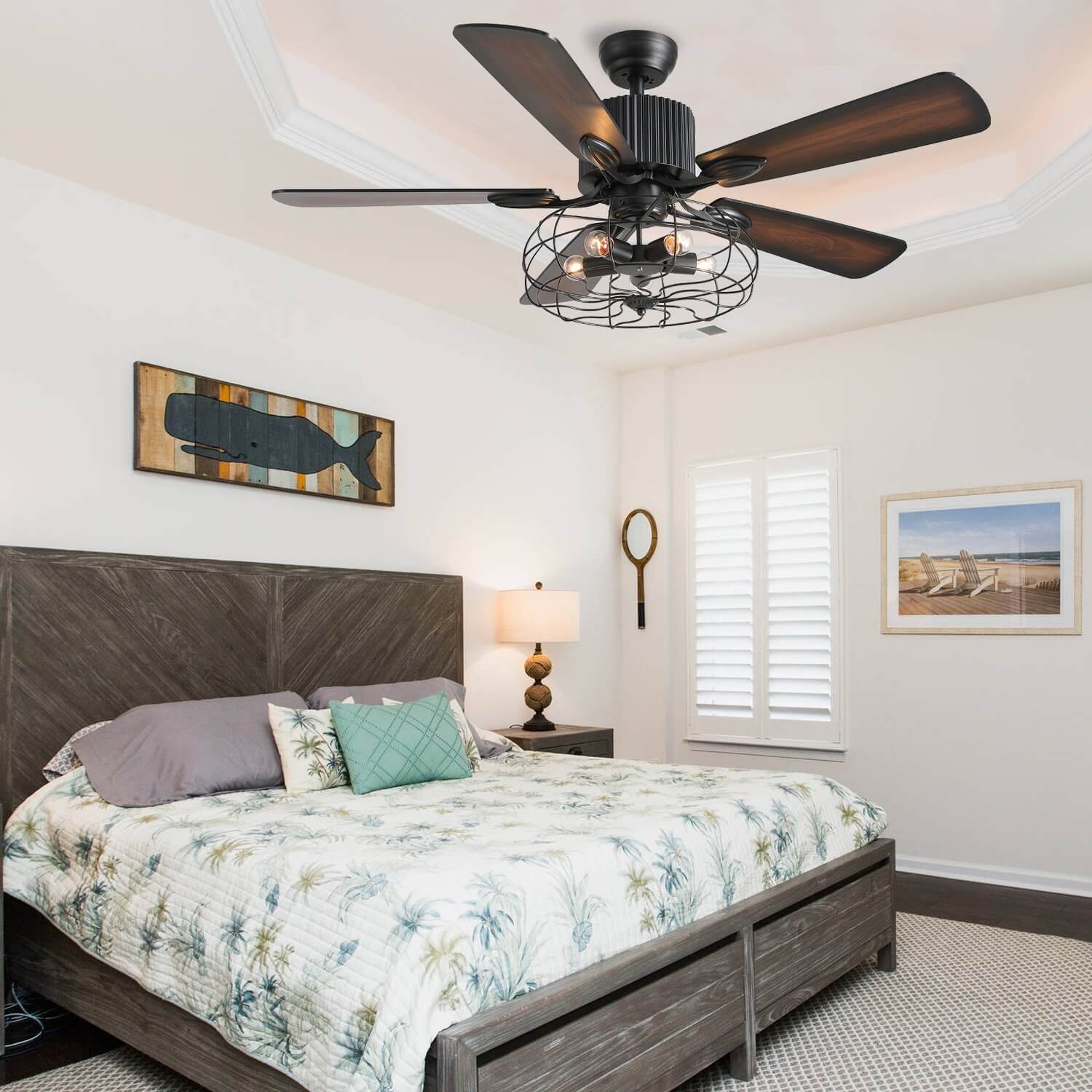 MOOONI-Ceiling-Fan-Light-Matte-Black-Finish-Industrial-Caged-Fandelier-52“-Bedroom