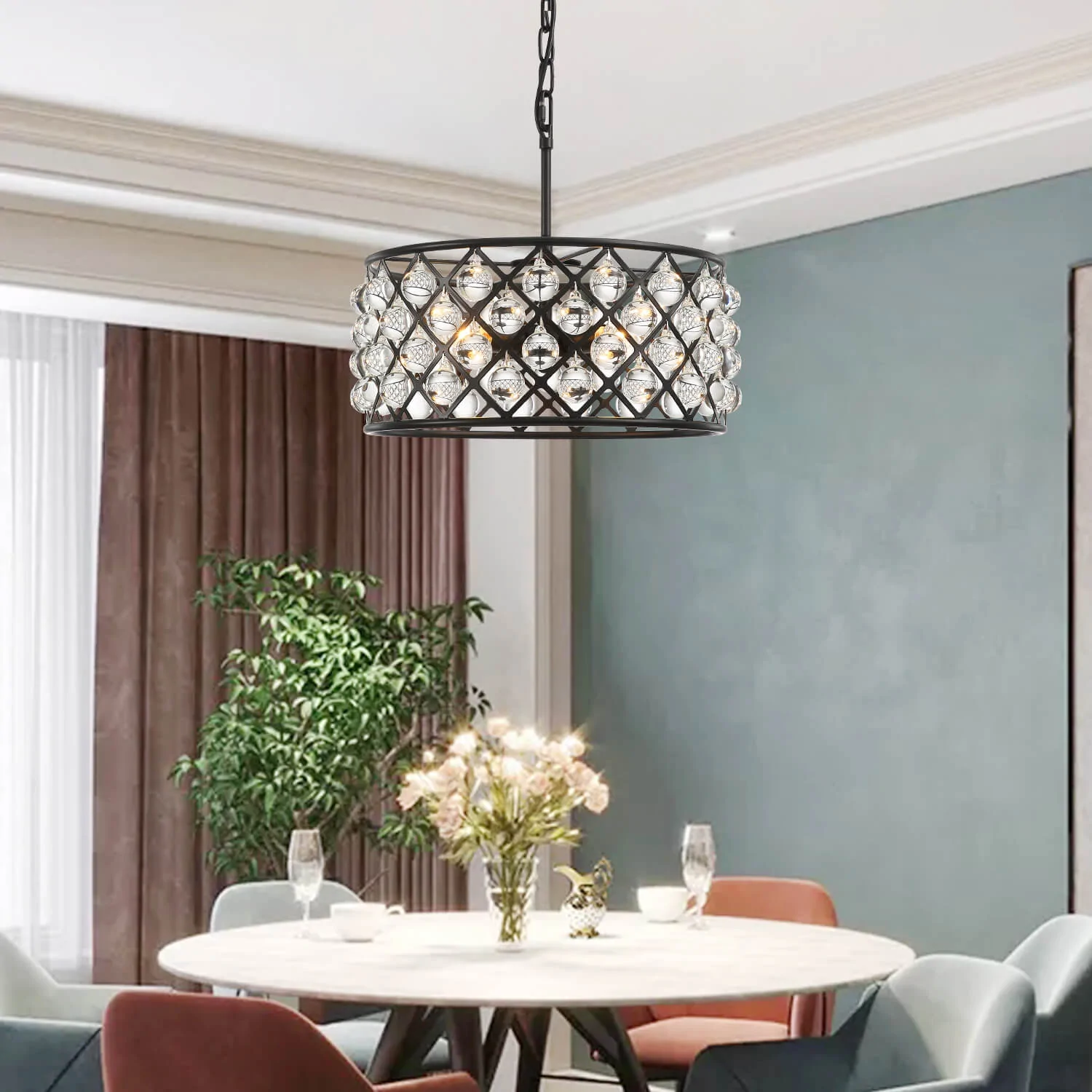 Round 15.7" Matte Black Metal Grid Raindrop Crystal Chandelier