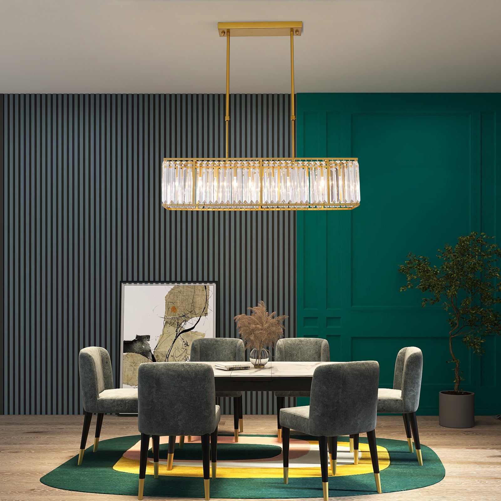 Rectangle Gold Metal Frame Crystal Chandelier