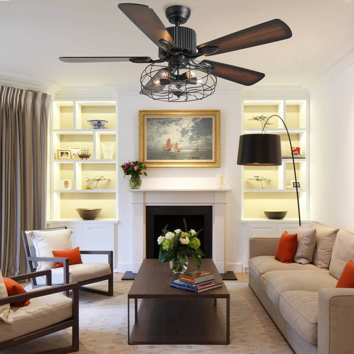 MOOONI-Ceiling-Fan-Light-Matte-Black-Finish-Industrial-Caged-Fandelier-52“-Living-Room