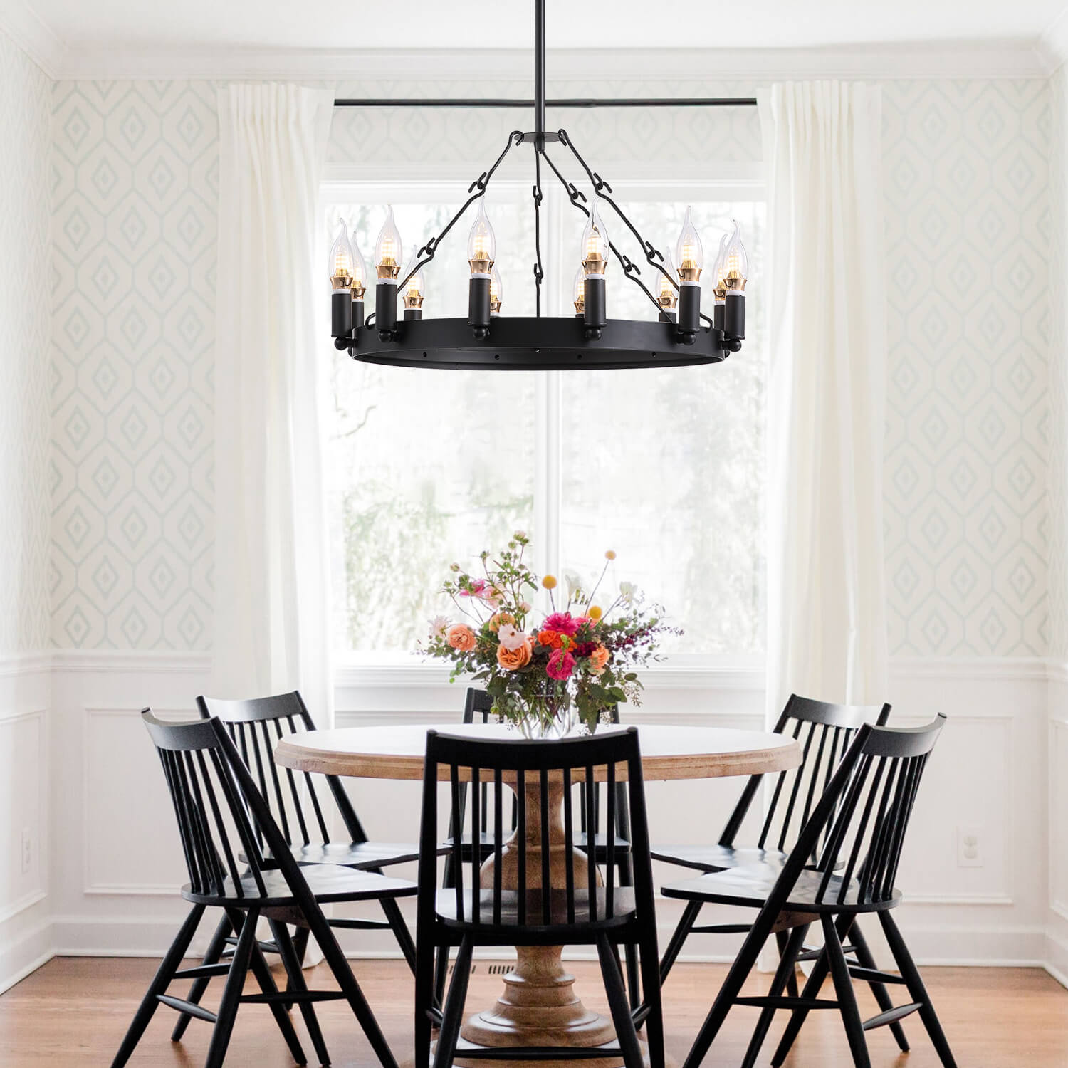 Round Candle Black Iron Chandelier