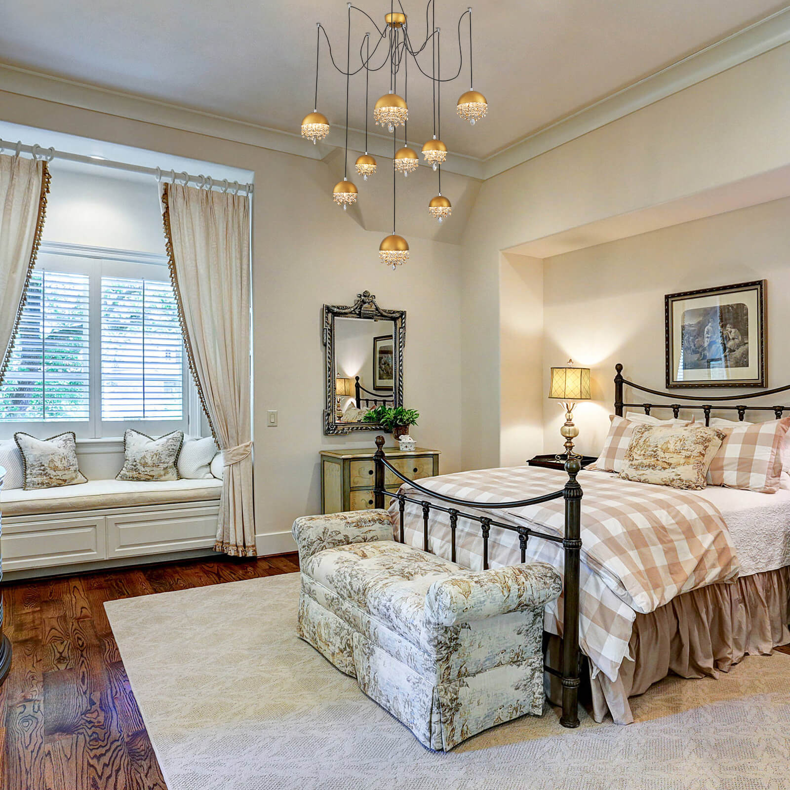 Gold Spider-Shaped String Ball Crystal Chandelier 9 Lights