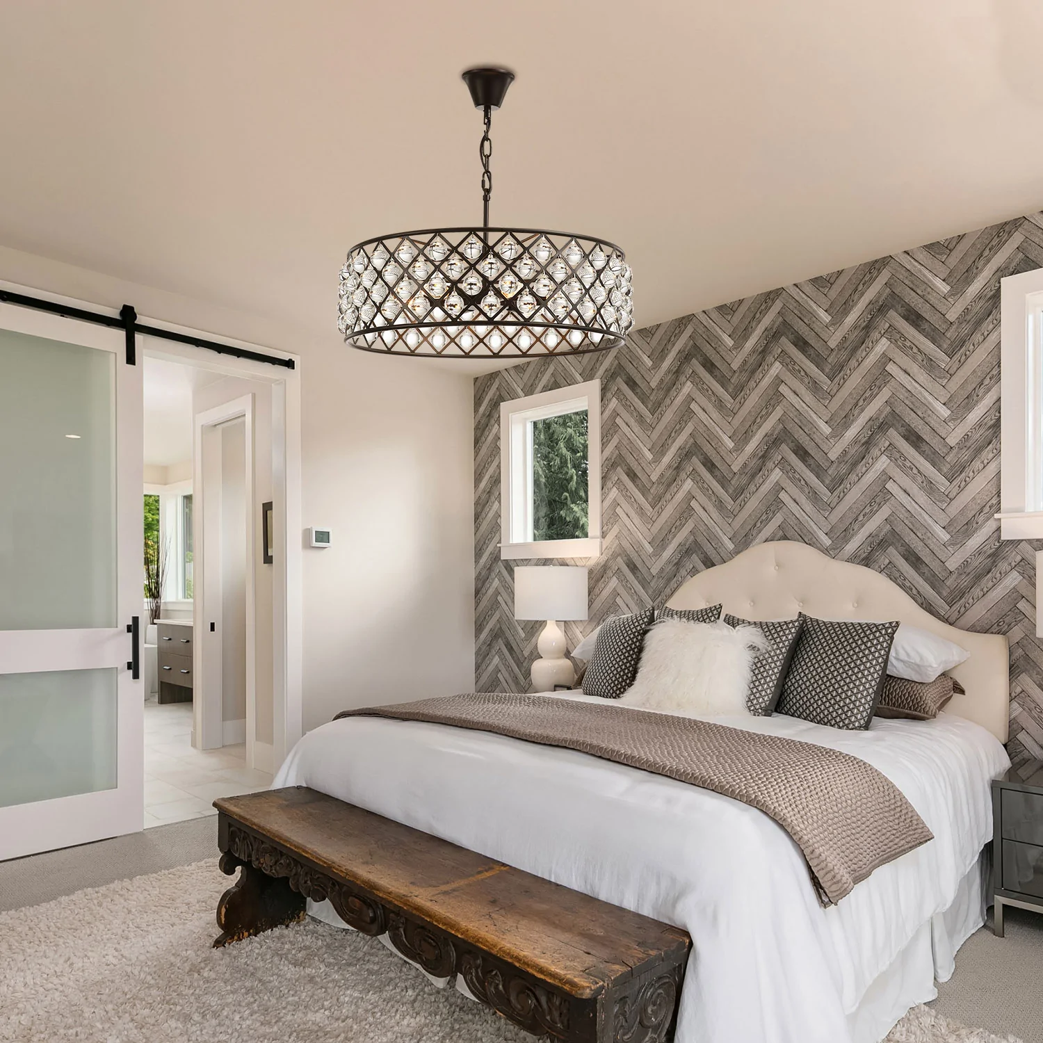 Round Matte Black Metal Grid Raindrop Crystal Chandelier