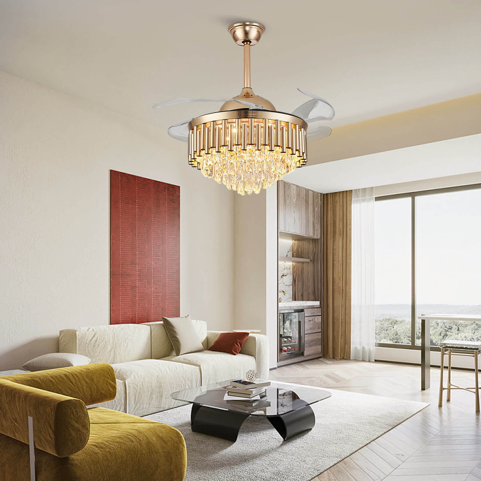 Top-Rated K9 Crystal Round Gold Retractable Fandelier