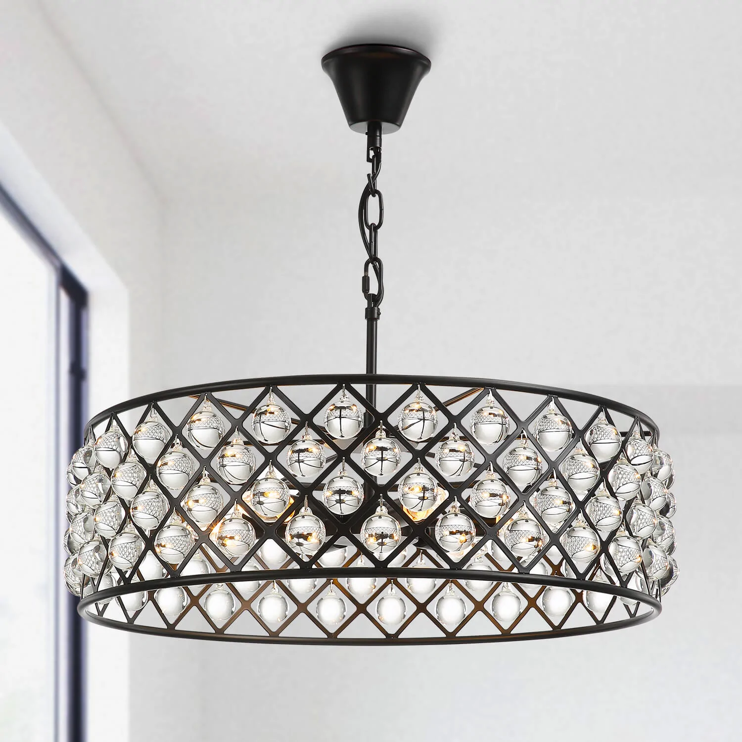 Round Matte Black Metal Grid Raindrop Crystal Chandelier