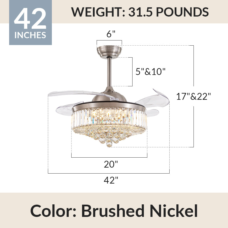 Moooni Crystal Fandeliers Retractable Chandelier Fan with Lights
