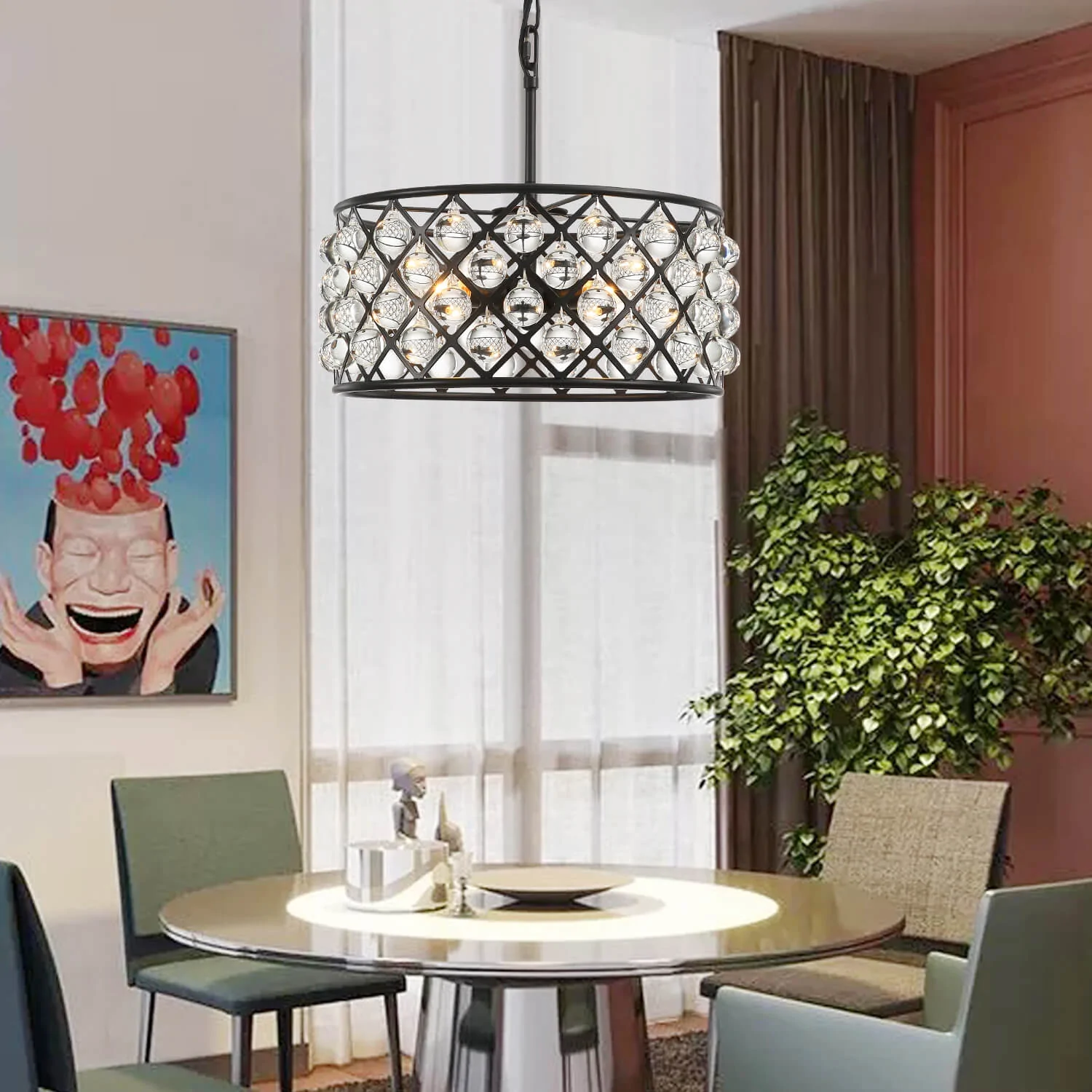 Round 15.7" Matte Black Metal Grid Raindrop Crystal Chandelier