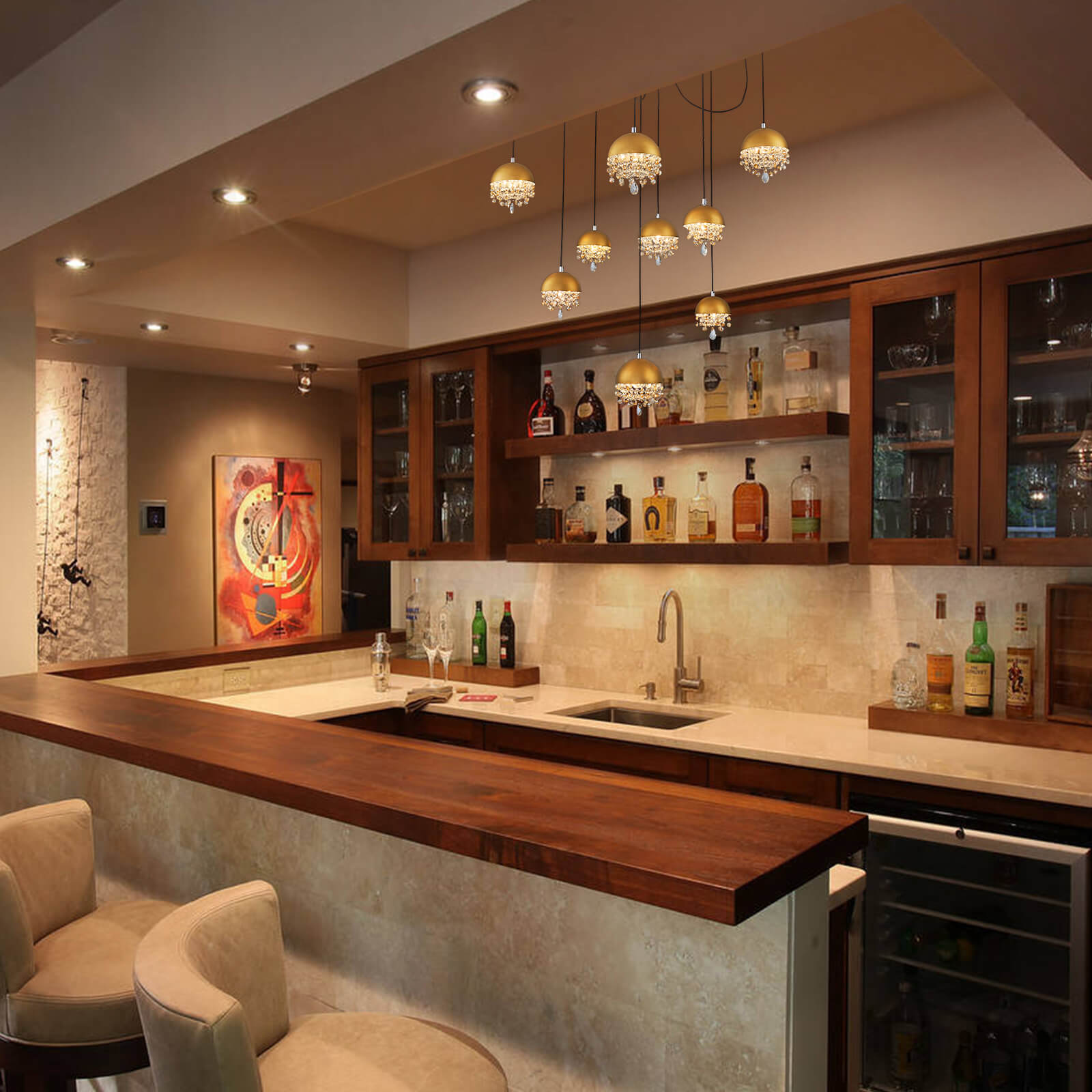 Gold Spider-Shaped String Ball Crystal Chandelier 9 Lights