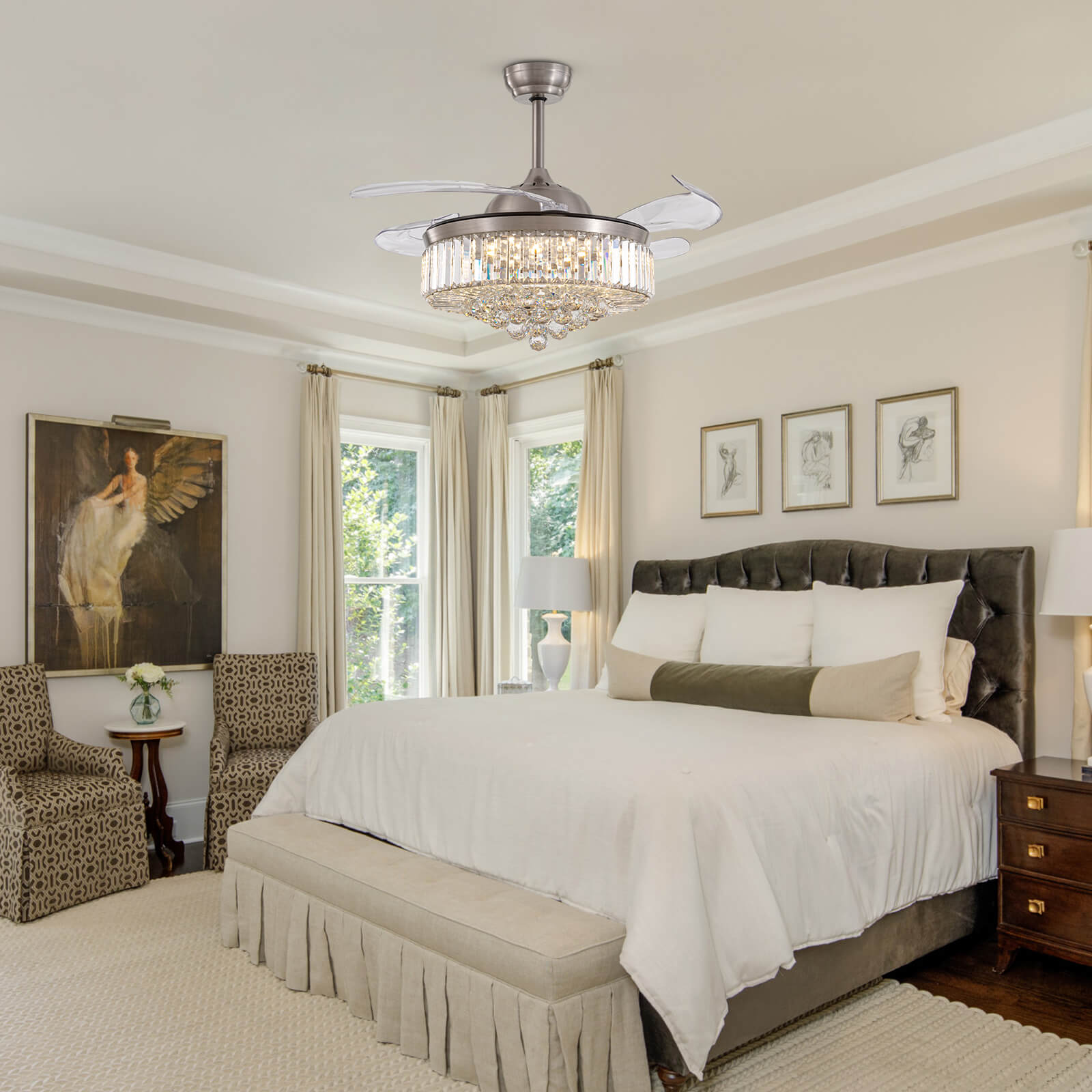 Classic Brushed Nickel Retractable All-in-One Fandelier