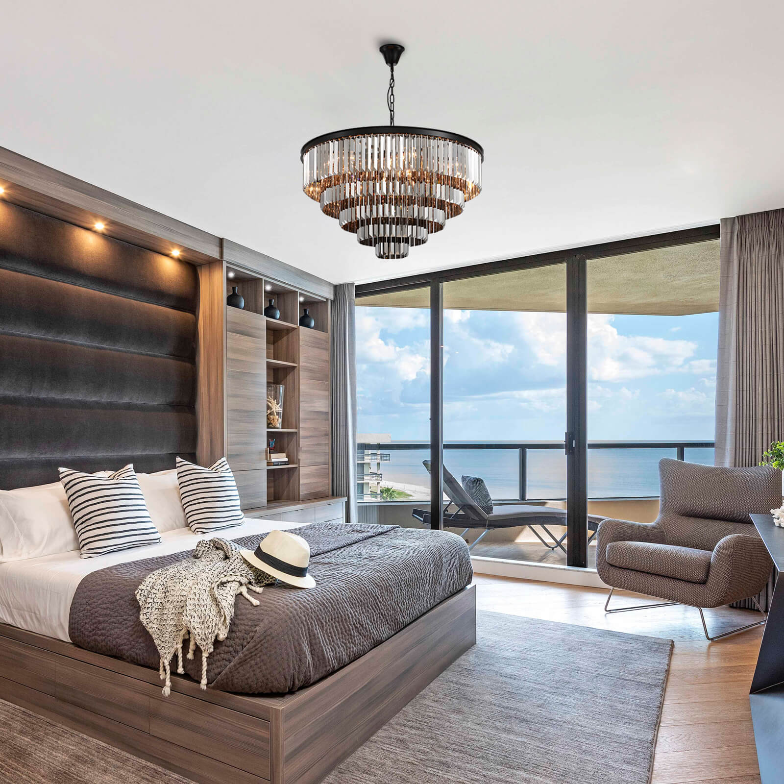 Round Black Iron 5-layer Smoke Gray Crystal Chandelier