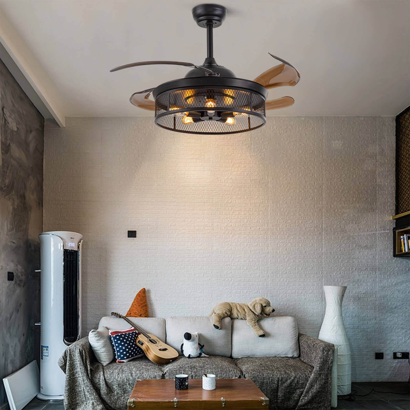 Industrial Black Caged Retractable Fandelier