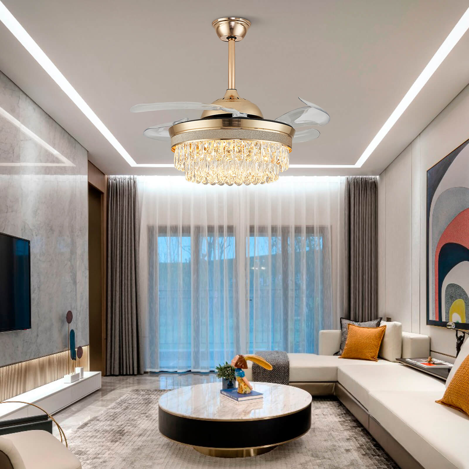 Top Rated French Golden Crystal Retractable Fandelier