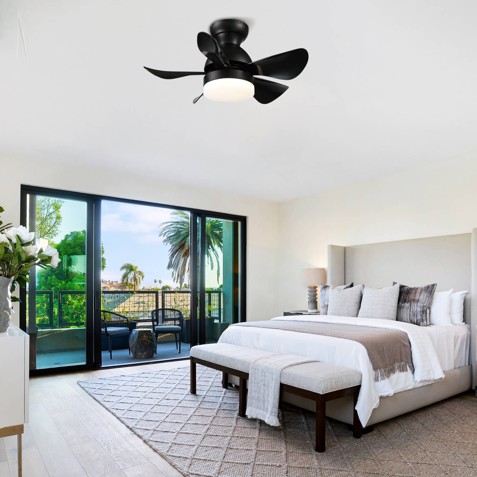 MOOONI-Hugger-Ceiling-Fan-With-Light-LED Strip-Matte-Black-Lampshade-Black-Wood-Blades-Bedroom