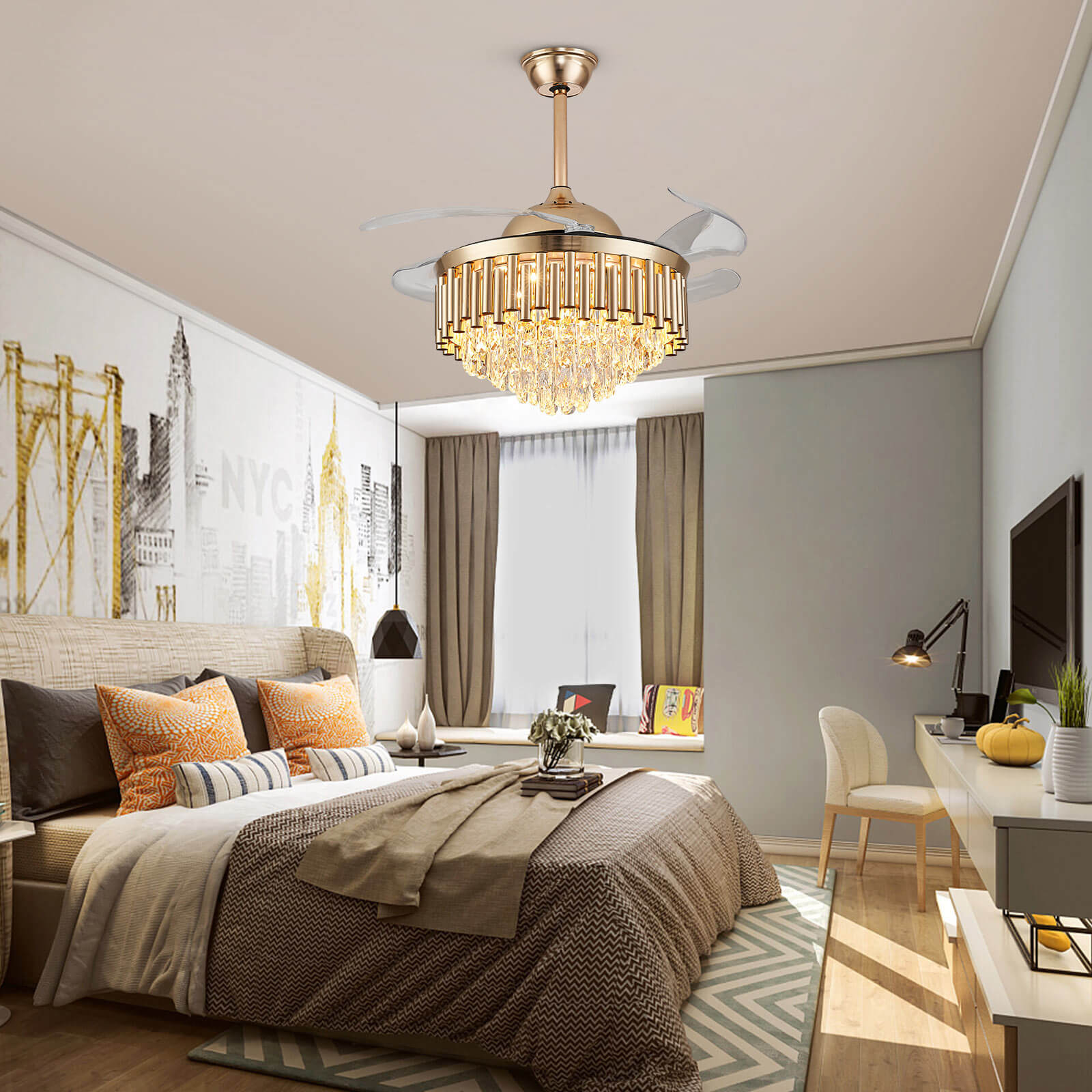 Top-Rated K9 Crystal Round Gold Retractable Fandelier