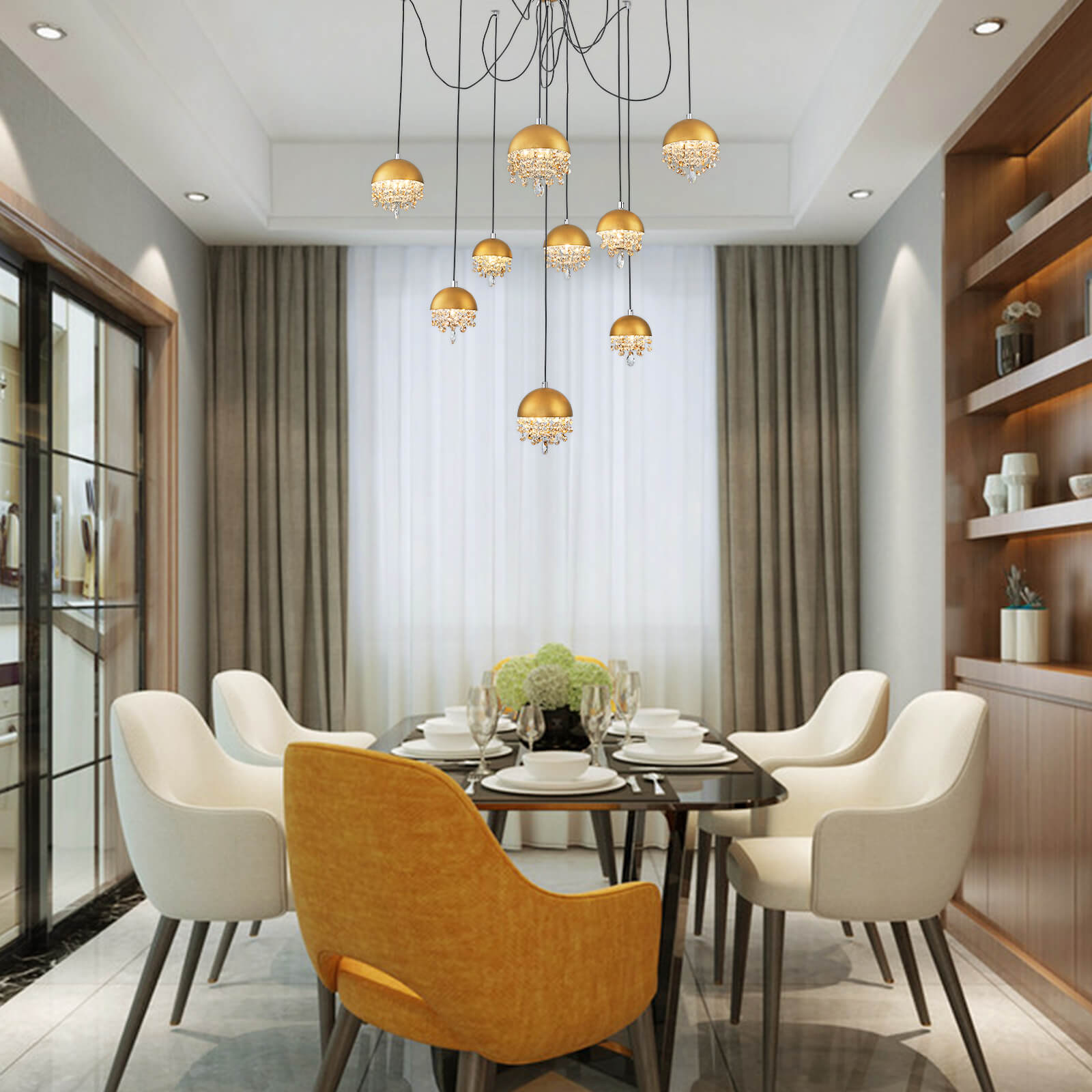 Gold Spider-Shaped String Ball Crystal Chandelier 9 Lights