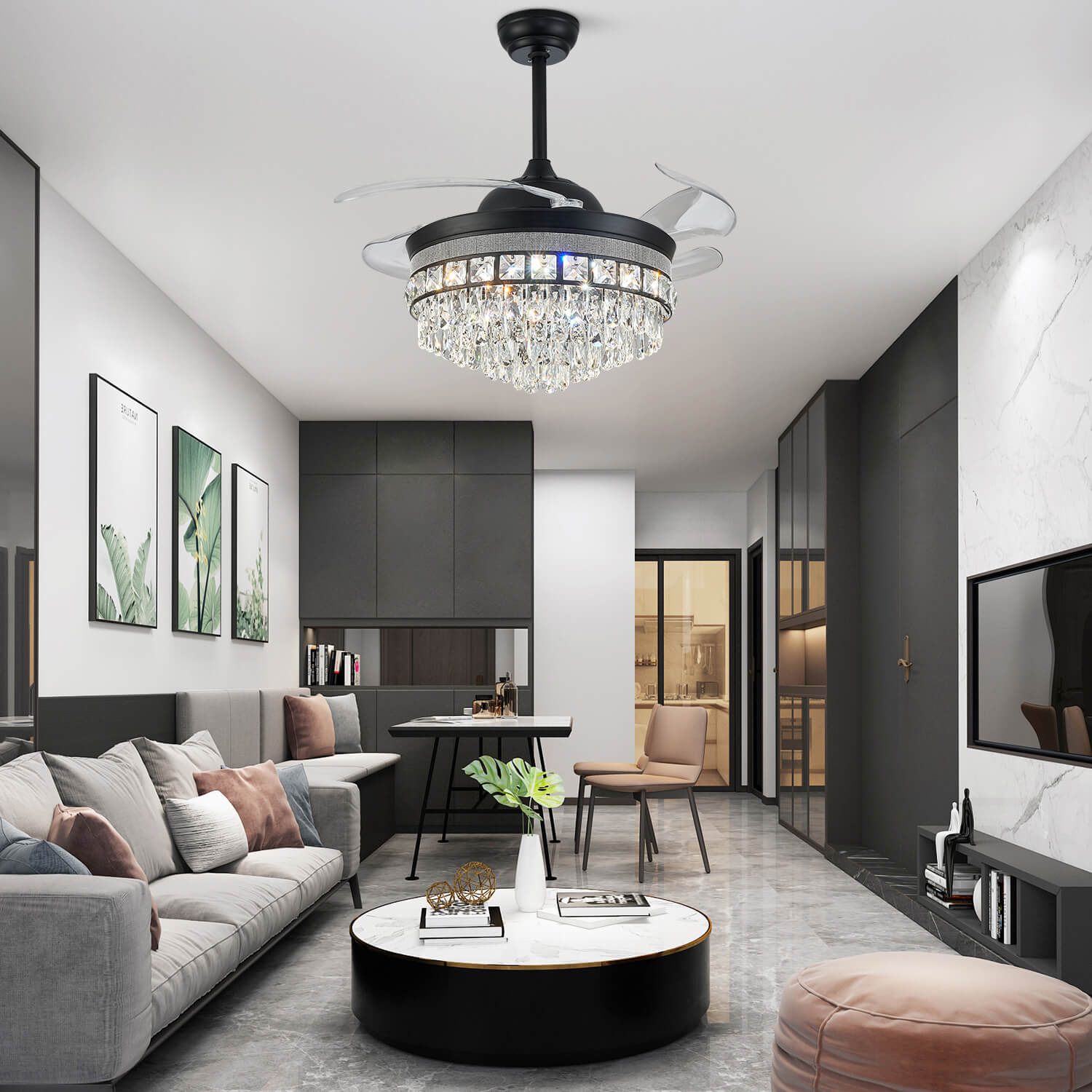 Top Rated Black Retractable Crystal Ceiling Fan Chandelier