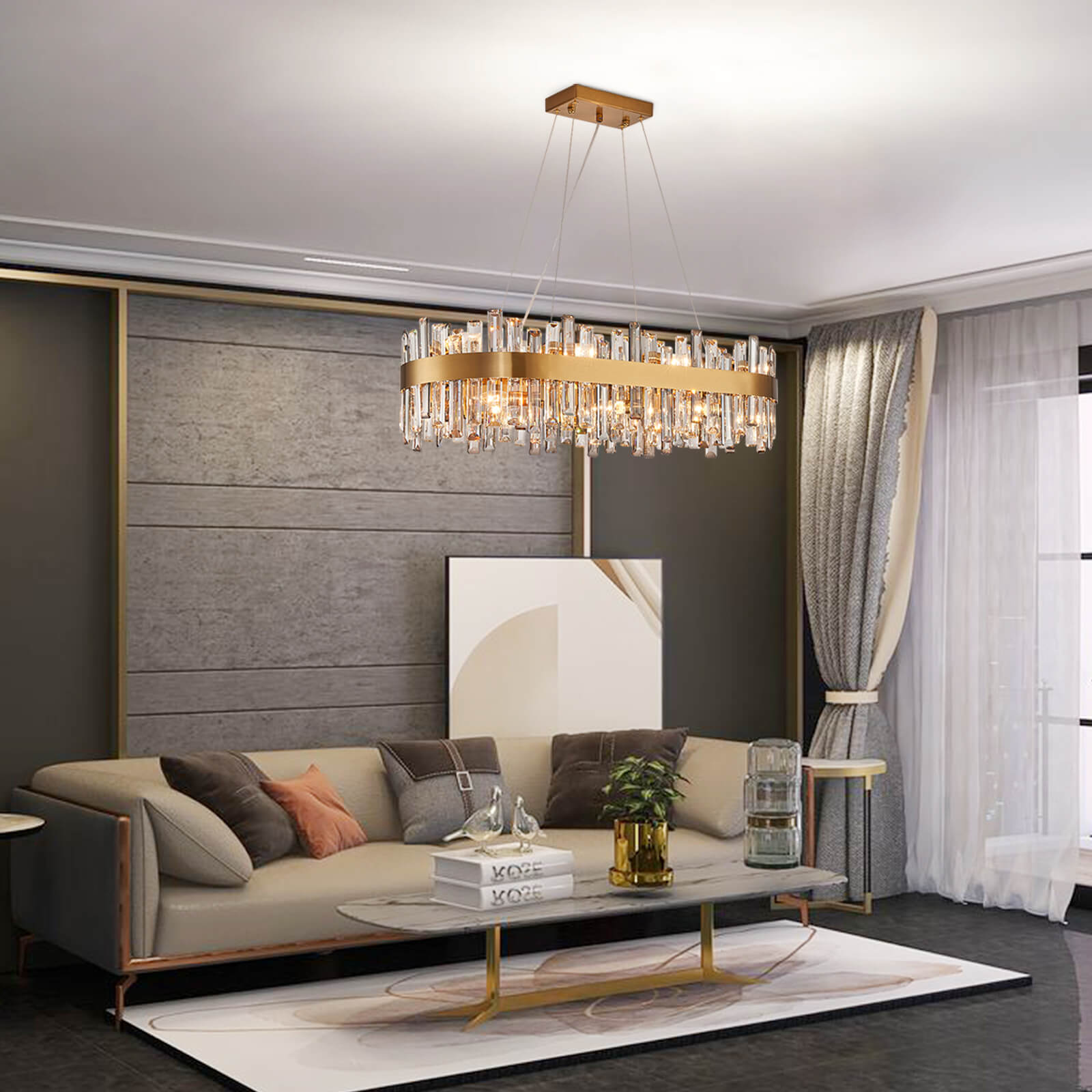 Gold Cross Crystal Bar Oval Chandelier