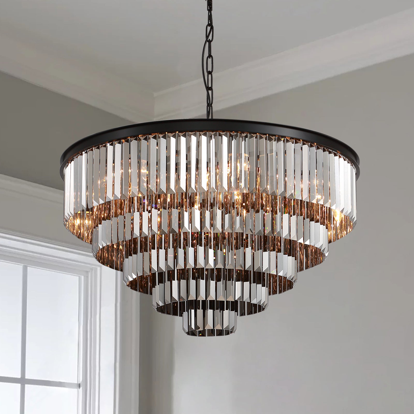 Round Black Iron 5-layer Smoke Gray Crystal Chandelier