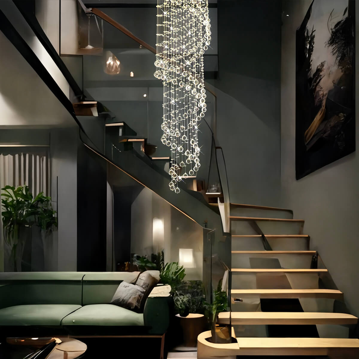 Modern-Spiral-Raindrop-Chandelier-Staircase | Siljoy