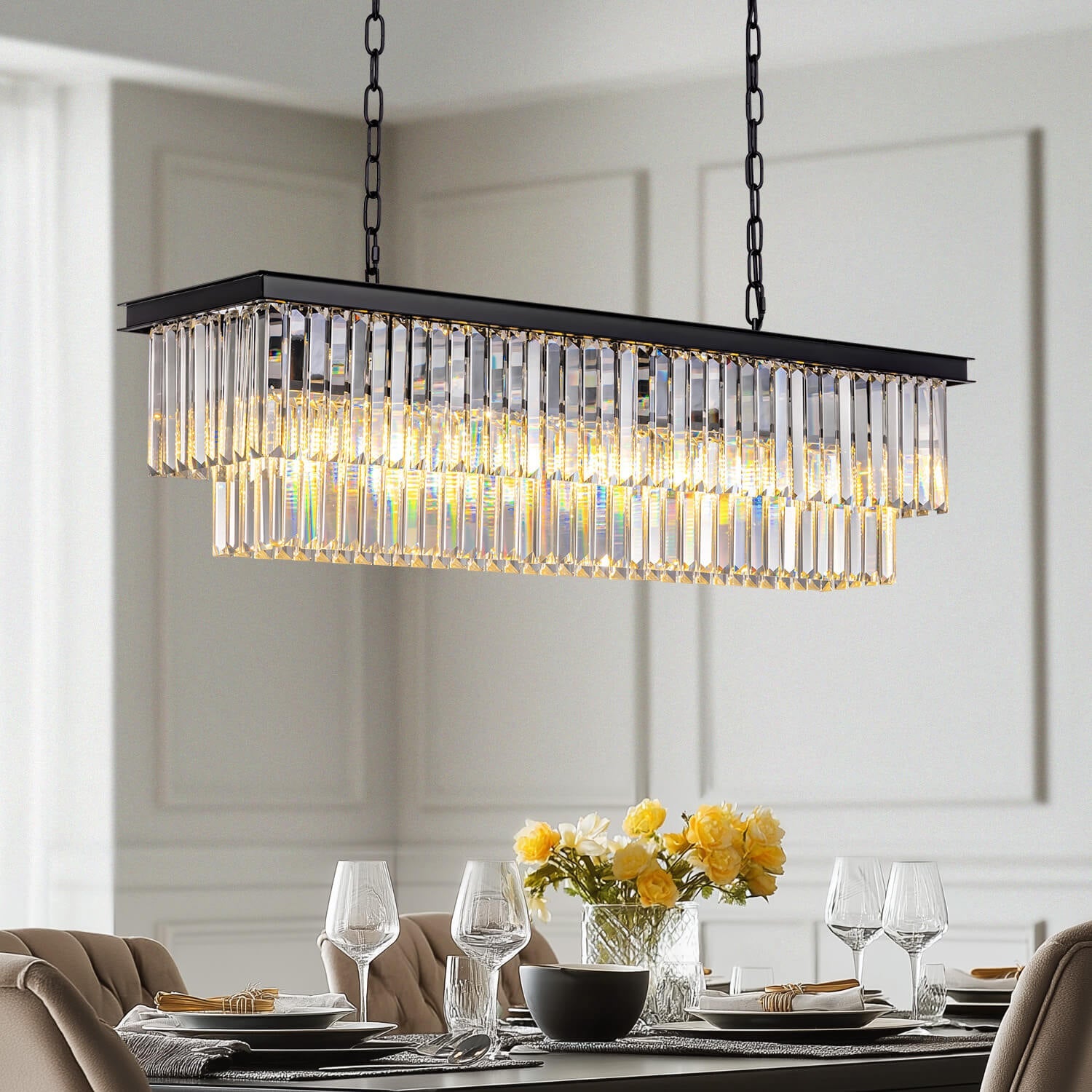 Modern Glam Black Metal Crystal Rectangular Chandelier for Dining Room and Kitchen Island | Siljoy Lighting-ch028-20250623-1