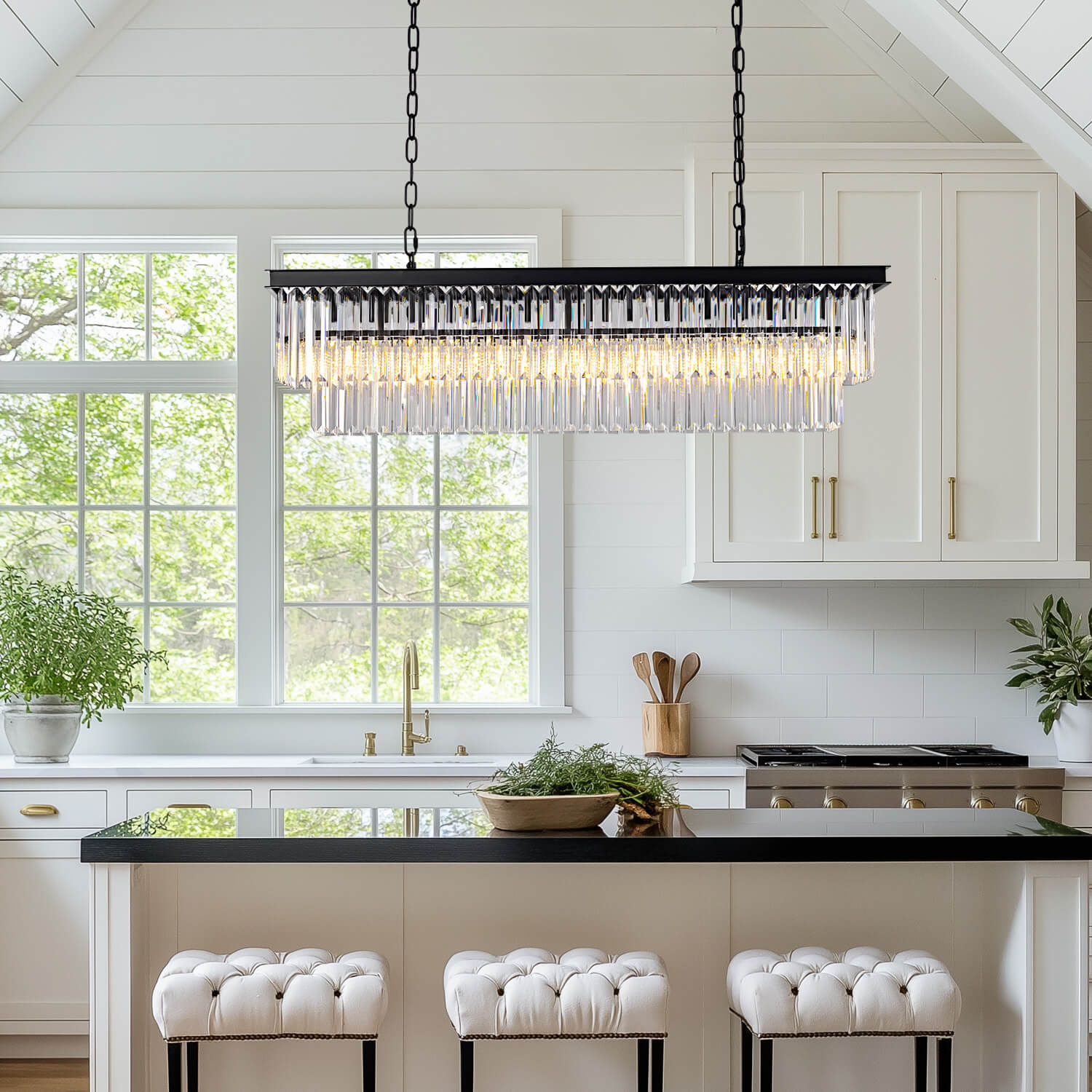 Modern Glam Black Metal Crystal Rectangular Chandelier for Dining Room and Kitchen Island | Siljoy Lighting-ch028-20250623-6