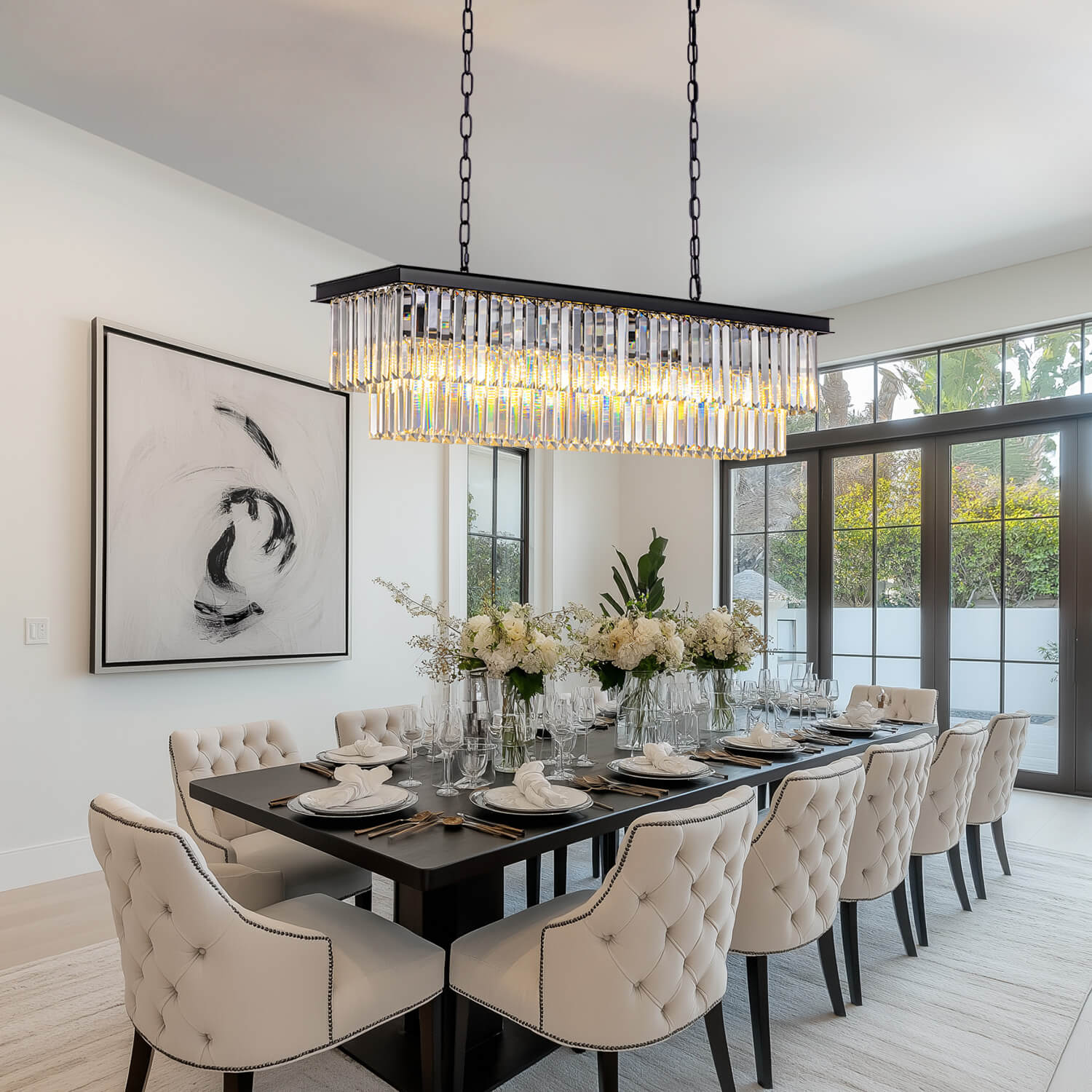 Modern Glam Black Metal Crystal Rectangular Chandelier for Dining Room and Kitchen Island | Siljoy Lighting-ch028-20250623-4