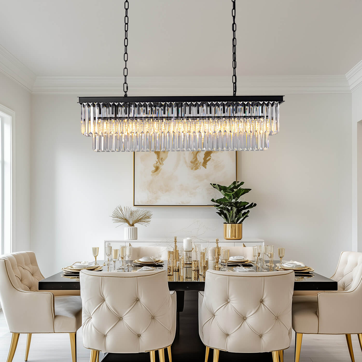 Modern Glam Black Metal Crystal Rectangular Chandelier for Dining Room and Kitchen Island | Sofary Lighting-ch028-20250623-3